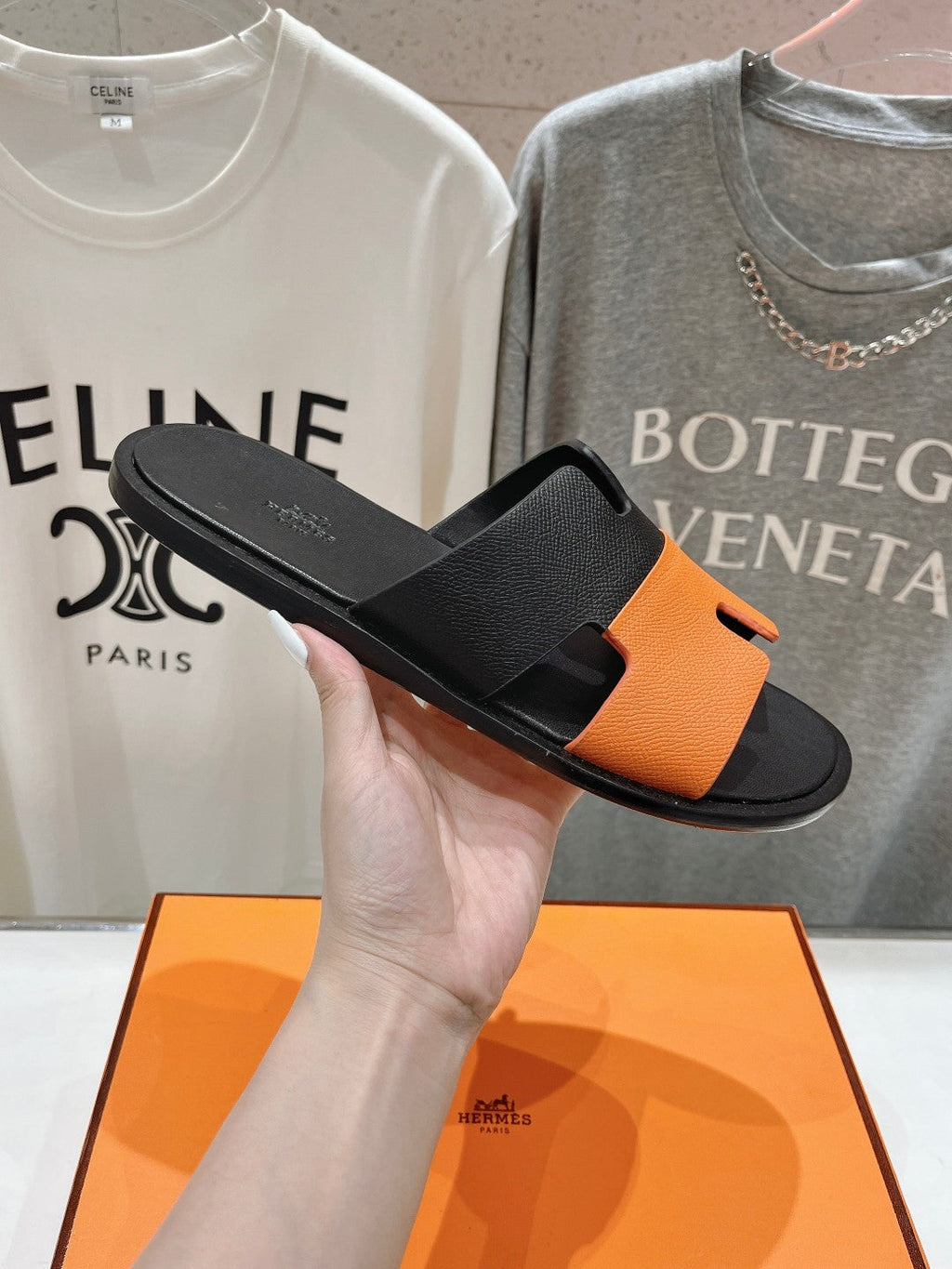 HERMES IZMIR SANDAL BLACK MIX ORANGE LAMBSKIN