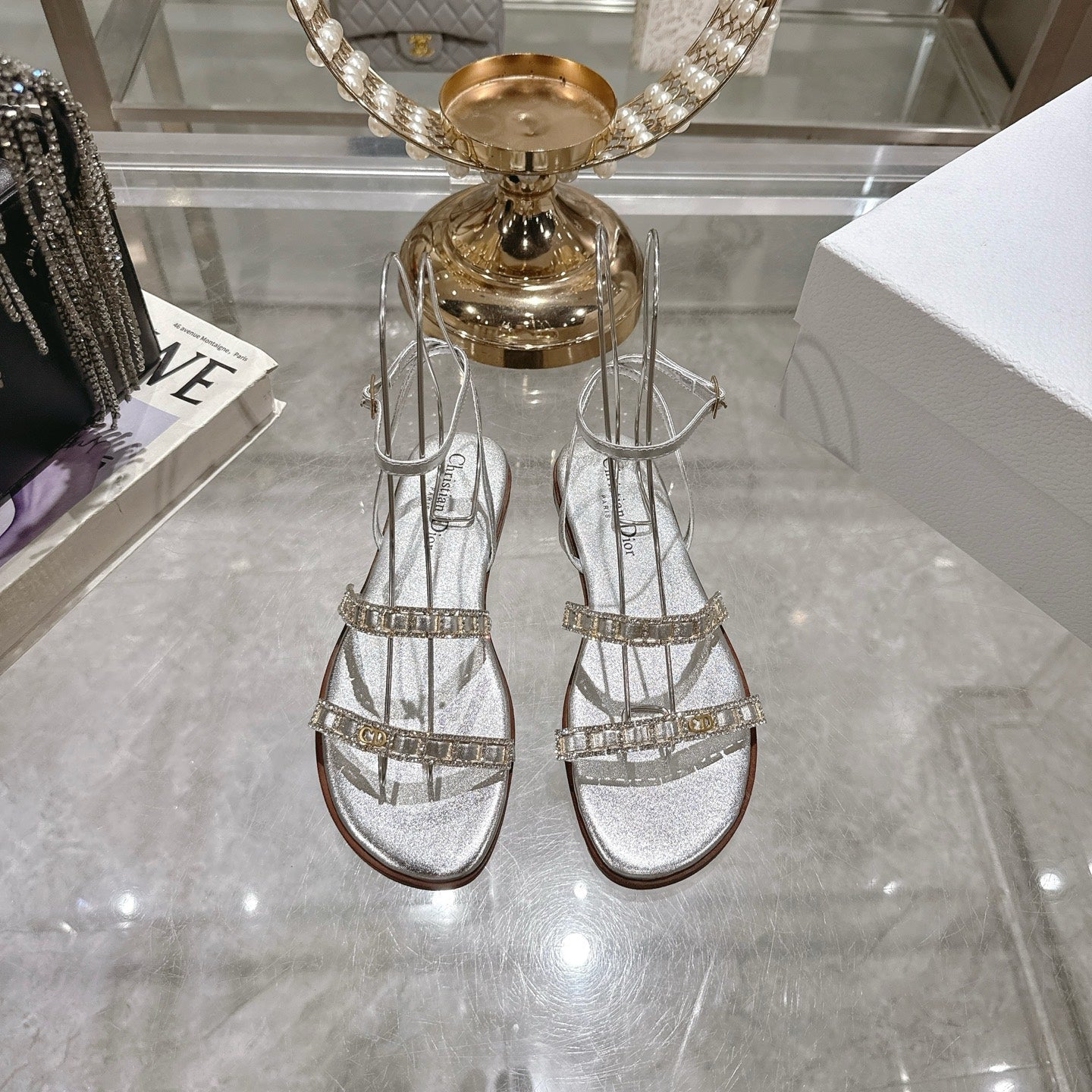 DIOR FLAT SANDALS 25S IN SILVER CALFSKIN RHINESTONES STRAP