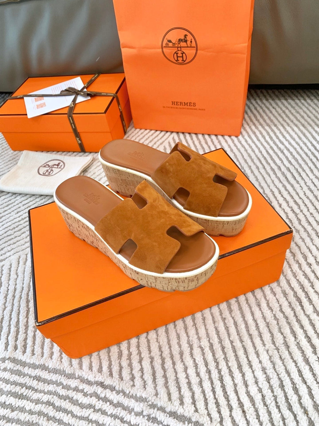 HERMES EZE 65 SANDAL BRIGHT BROWN SUEDE