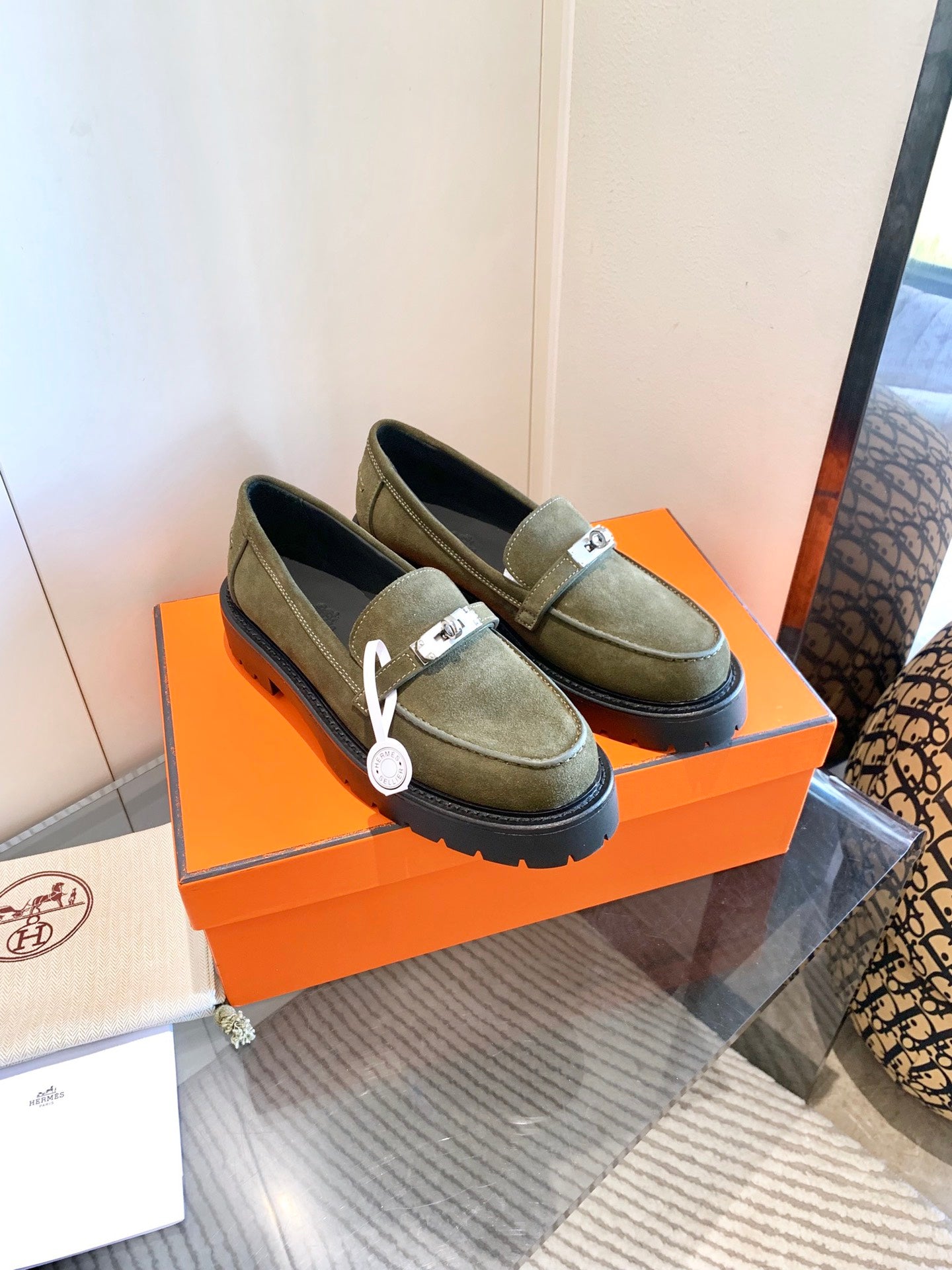 HERMES ICONE LOAFER IN ARMY GREEN SUEDE