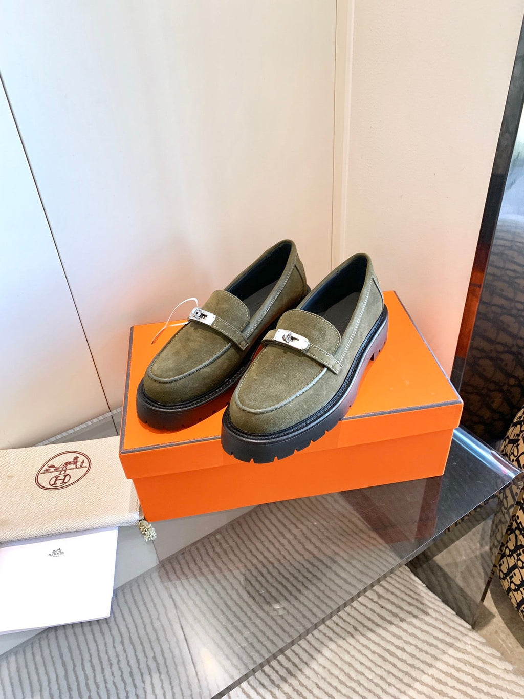 HERMES ICONE LOAFER IN ARMY GREEN SUEDE
