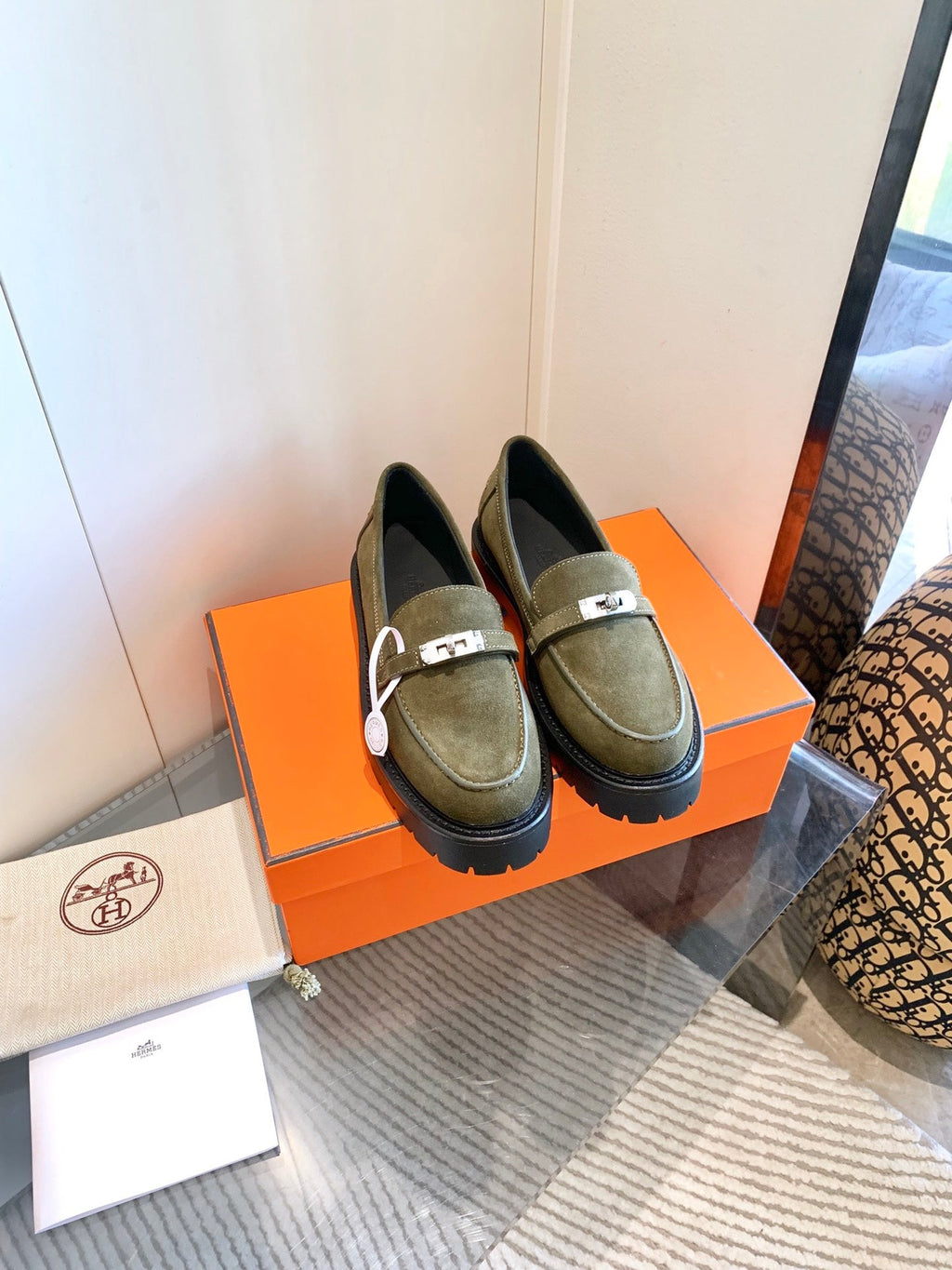 HERMES ICONE LOAFER IN ARMY GREEN SUEDE