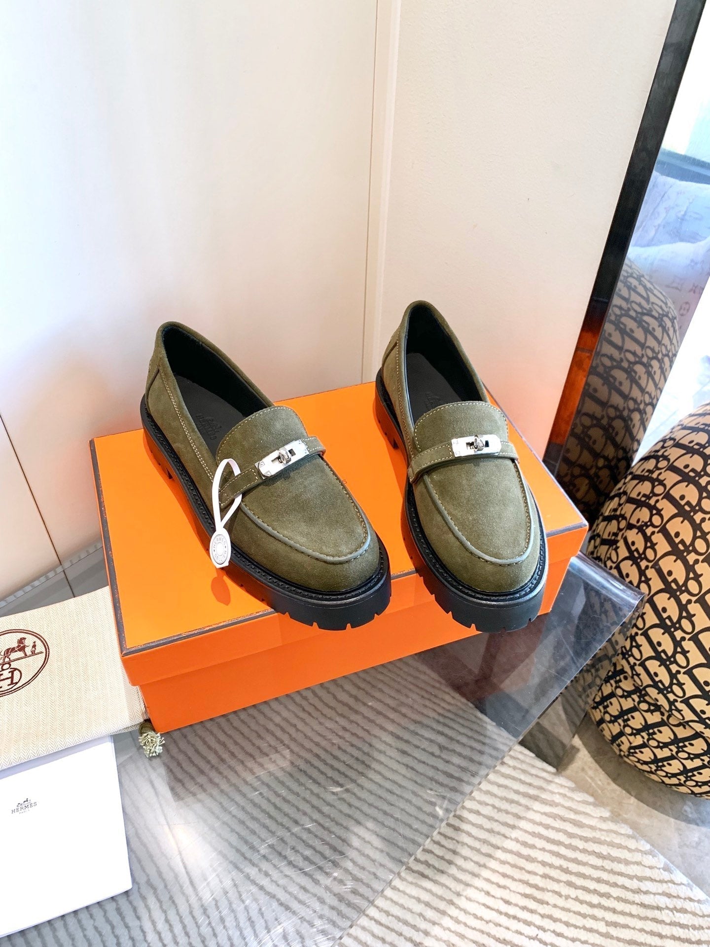 HERMES ICONE LOAFER IN ARMY GREEN SUEDE