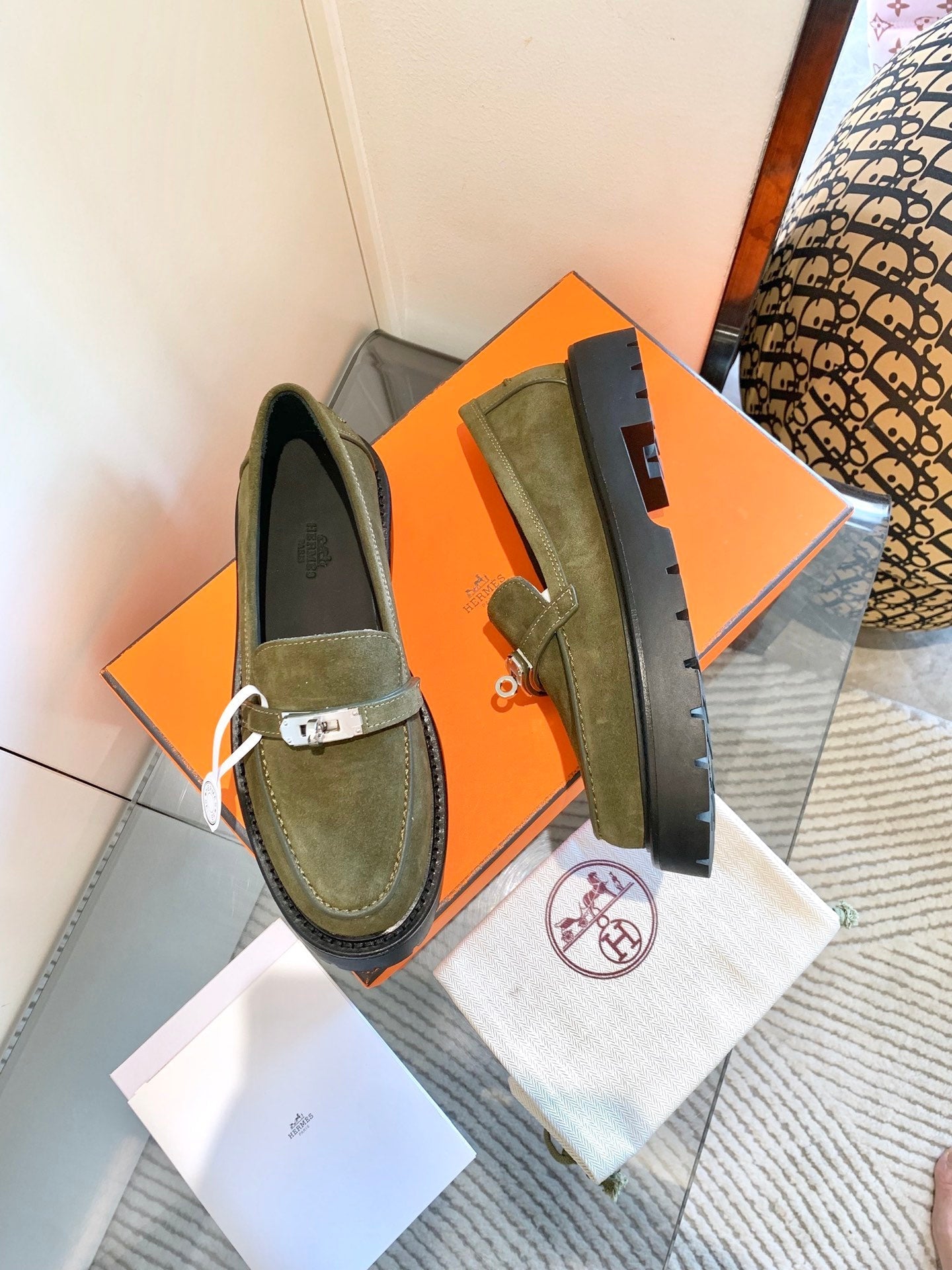 HERMES ICONE LOAFER IN ARMY GREEN SUEDE
