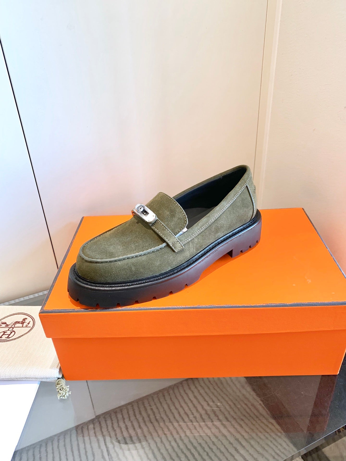 HERMES ICONE LOAFER IN ARMY GREEN SUEDE