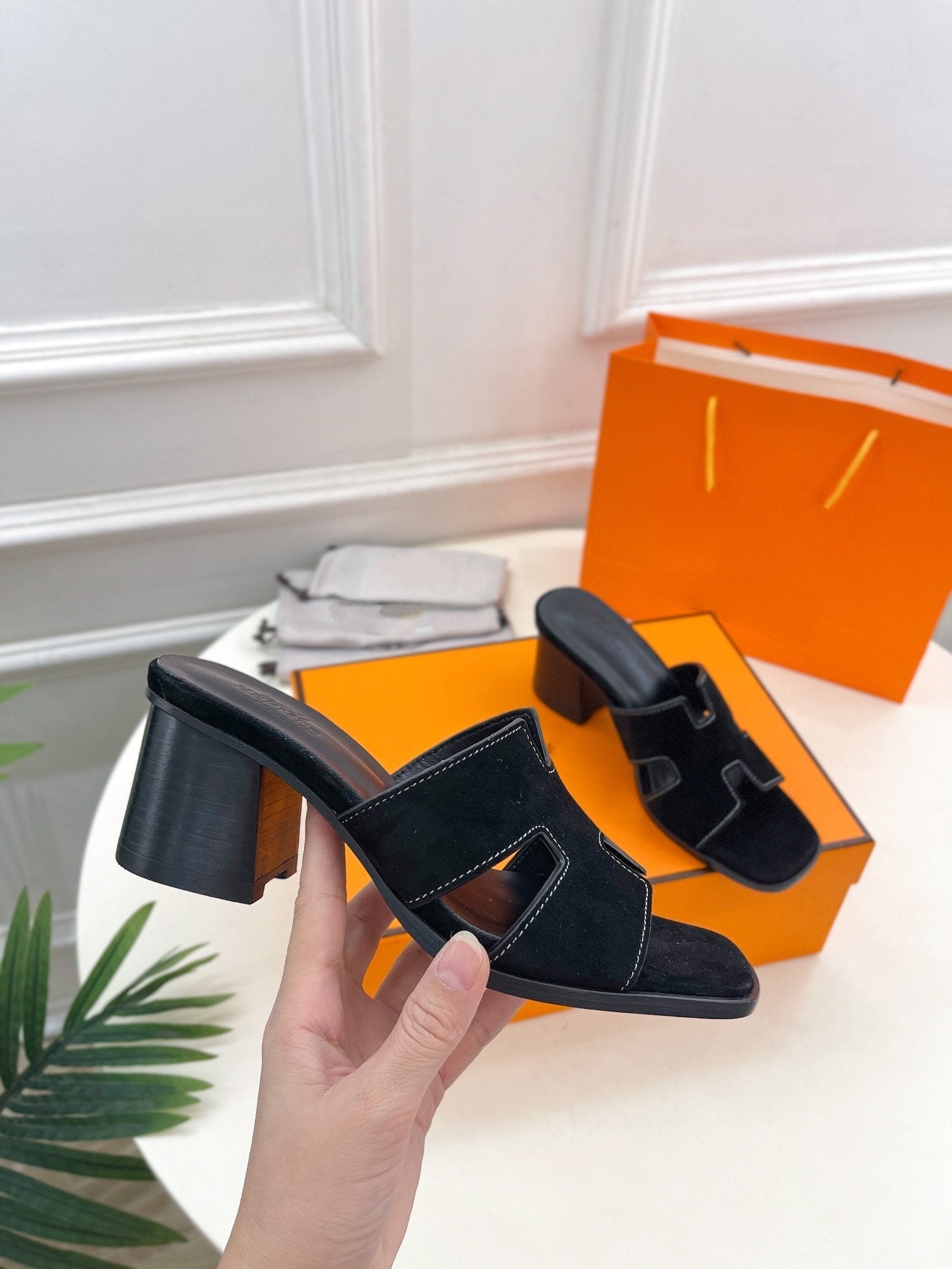 HERMES HELIA 60 SANDAL BLACK SUEDE