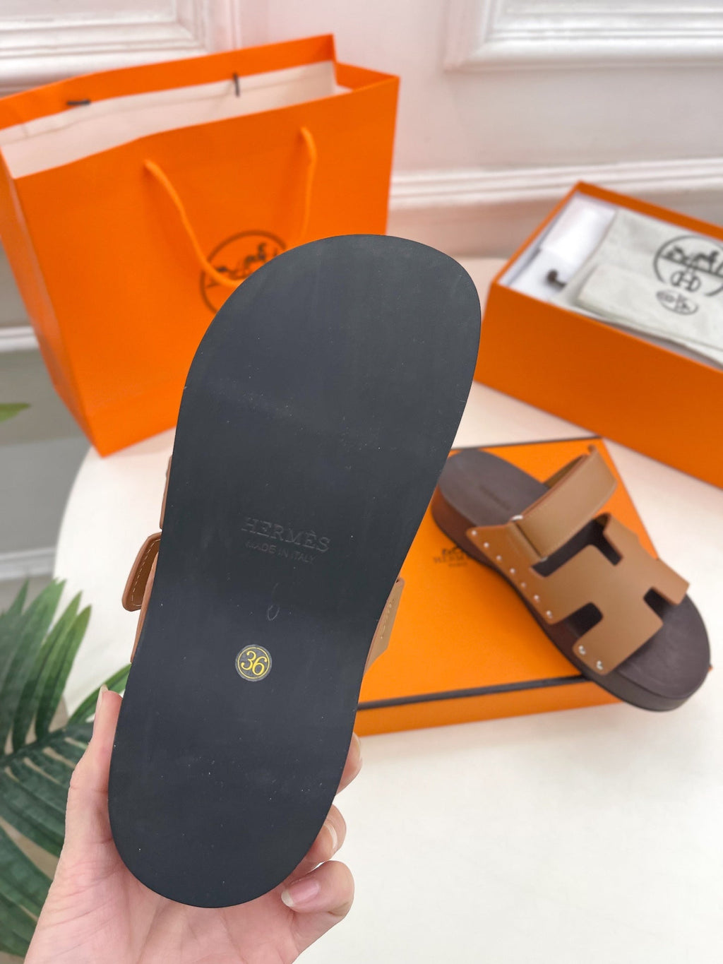 HERMES KOS CLOG IN PEANUT BROWN CALFSKIN