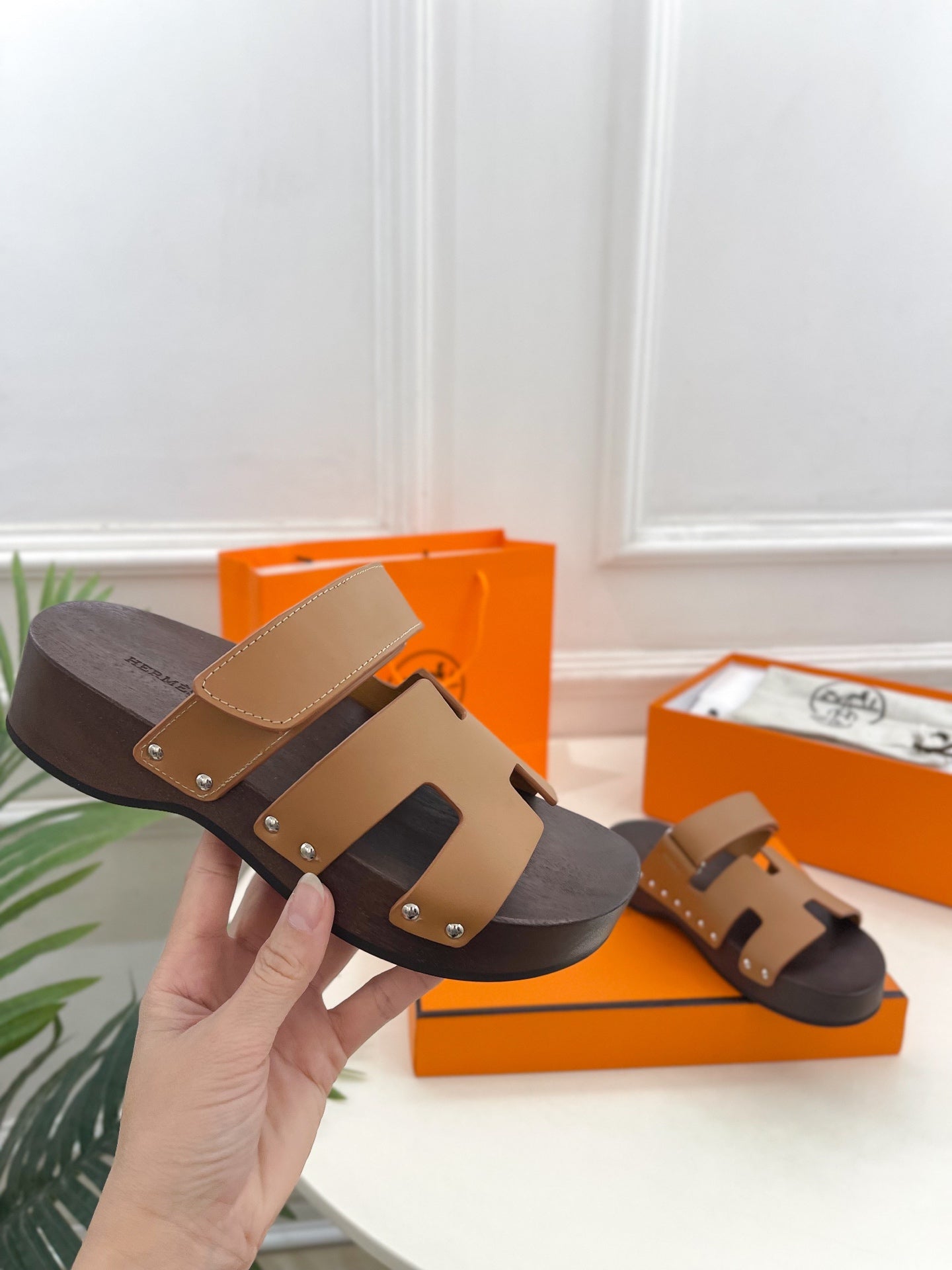 HERMES KOS CLOG IN PEANUT BROWN CALFSKIN