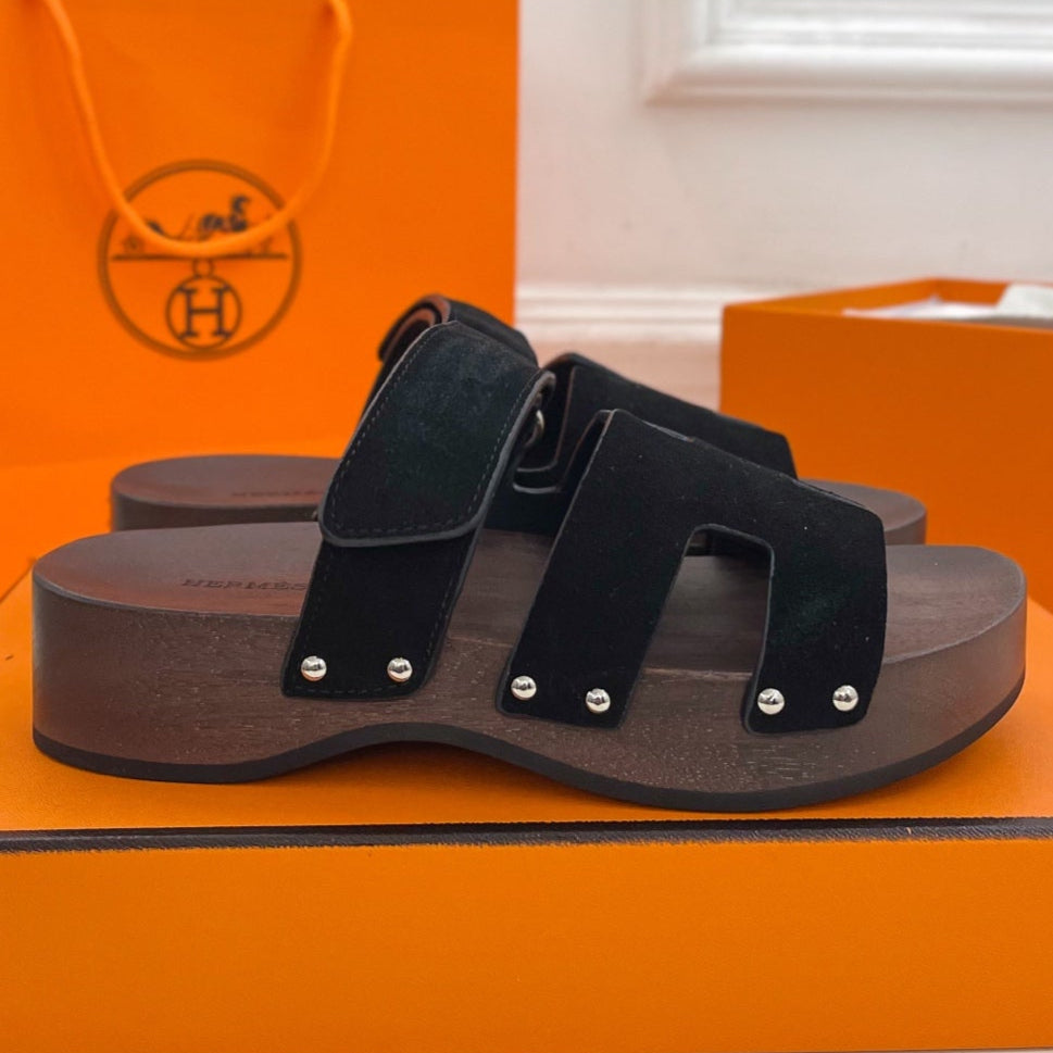 HERMES KOS CLOG IN BLACK SUEDE