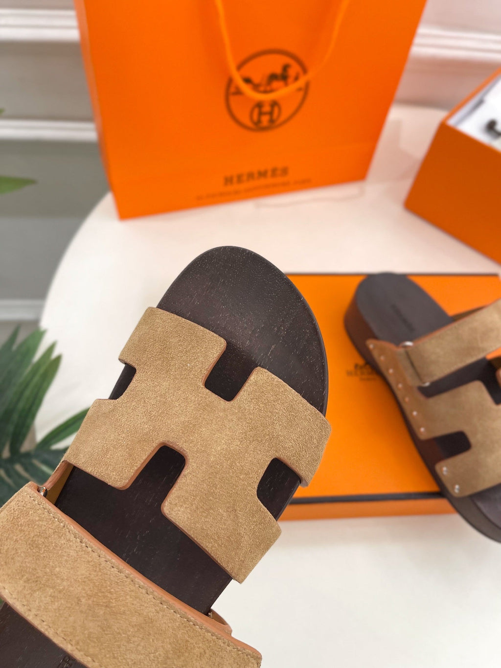 HERMES KOS CLOG IN PEANUT BROWN SUEDE