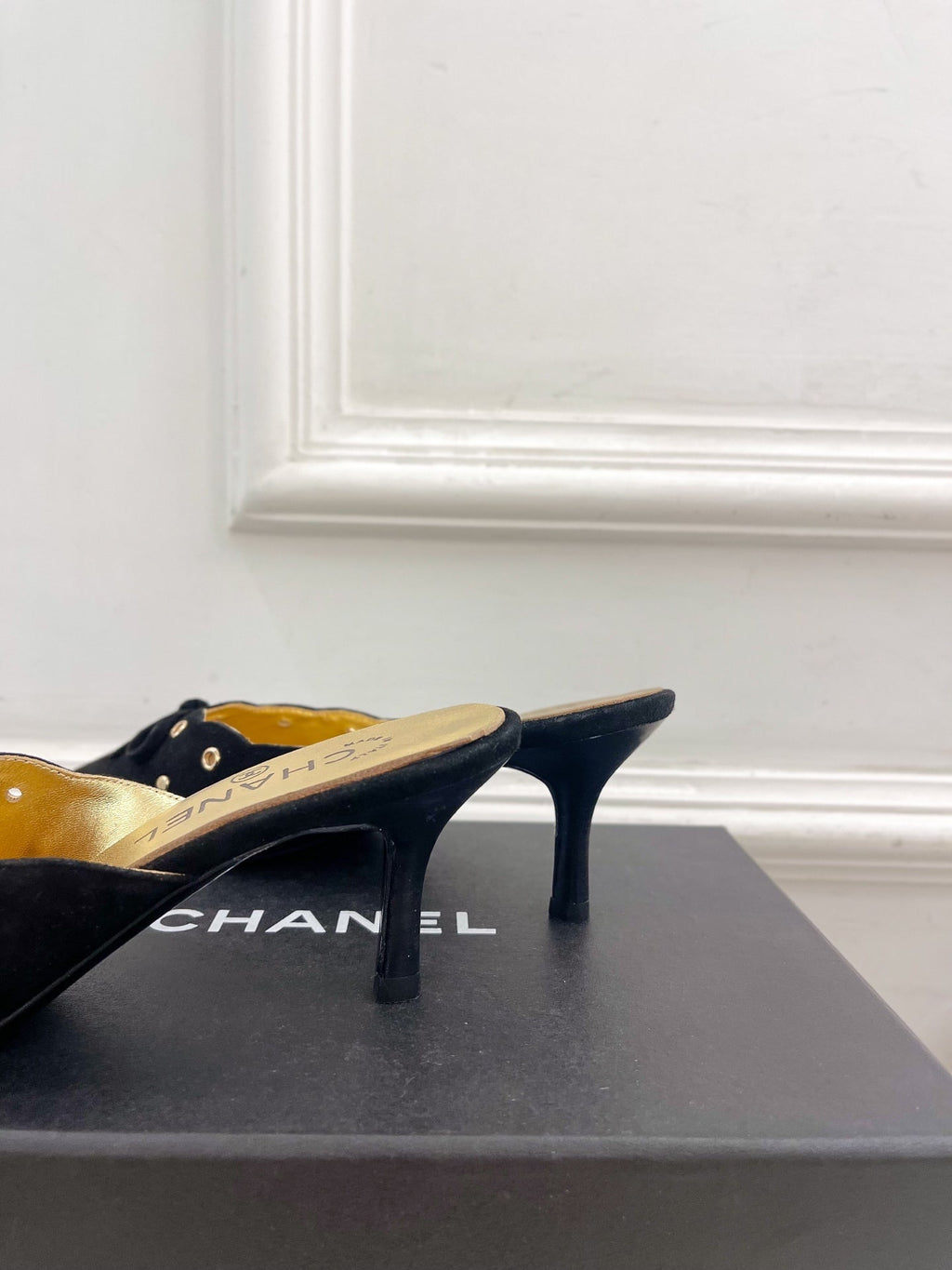 CHANEL HIGH 65 MM MULE IN BLACK SUEDE