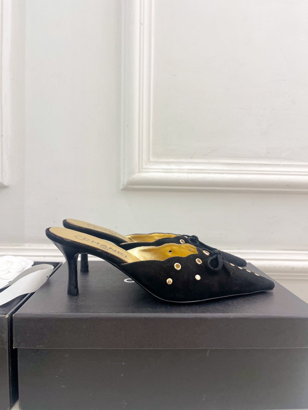 CHANEL HIGH 65 MM MULE IN BLACK SUEDE