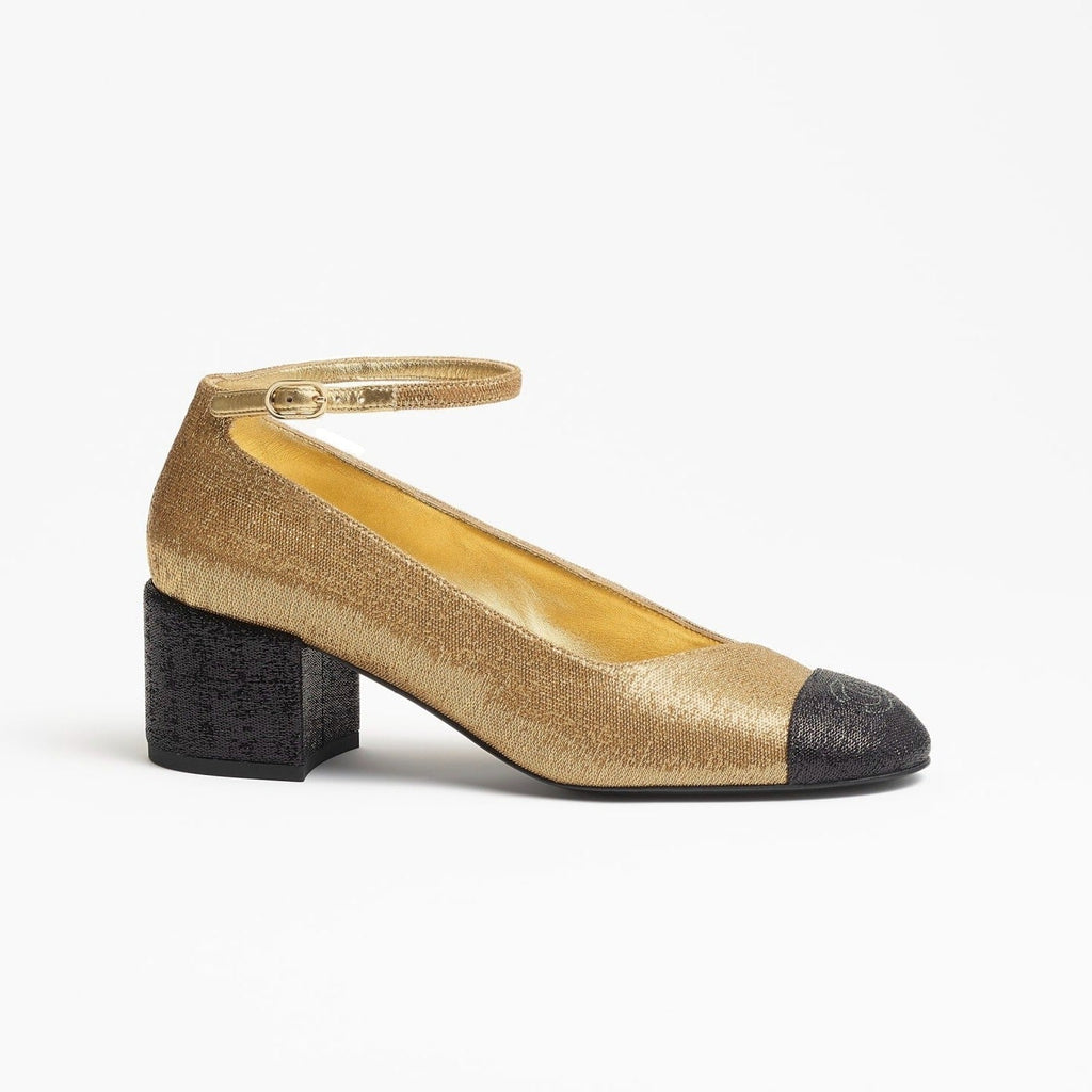 CHANEL MARY JANES GOLD BLACK FABRIC