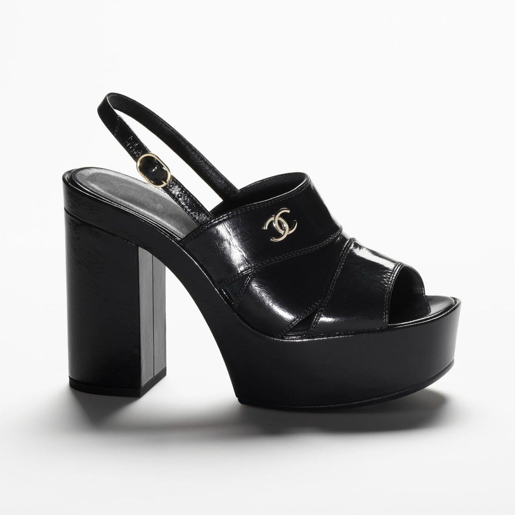 CHANEL SANDALS BLACK PATENT CRUMPLED LAMBSKIN