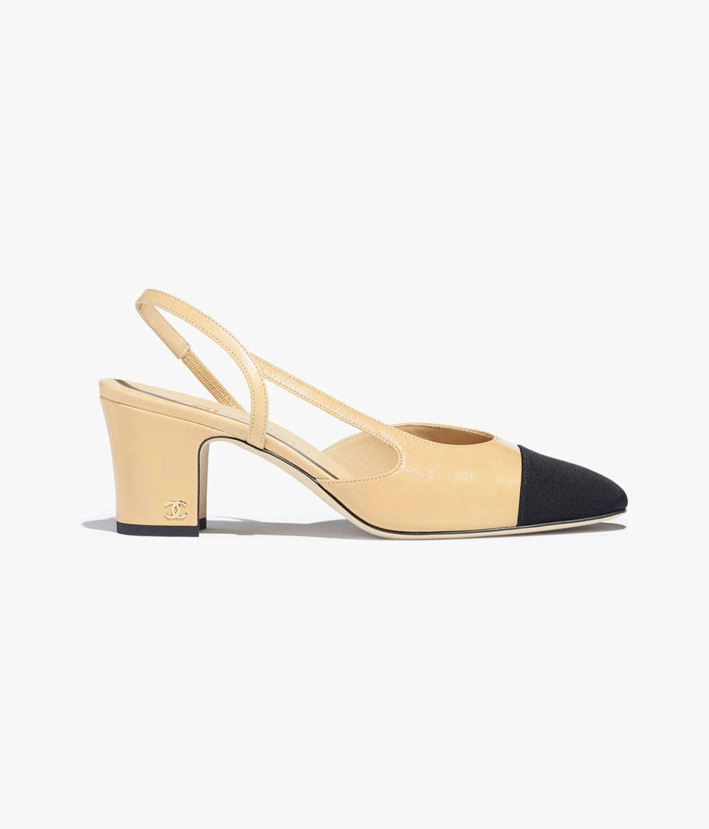 CHANEL SLINGBACKS BEIGE BLACK GOATSKIN