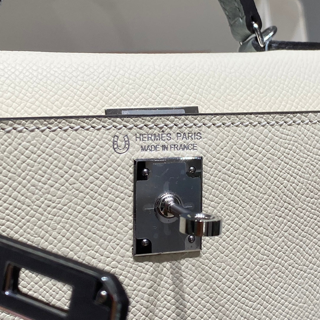 HERMES KELLY MINI 20 WHITE GLACIER GRAY EPSOM SILVER HARDWARE