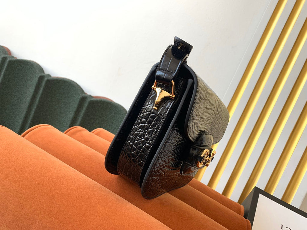 GUCCI 1955 Horsebit Bag 25cm Black Crocodile Leather Gold Hardware