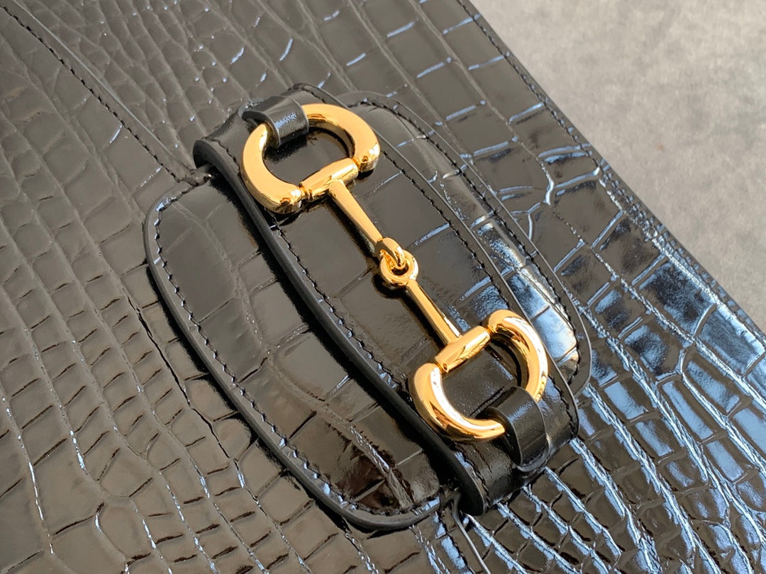 GUCCI 1955 Horsebit Bag 25cm Black Crocodile Leather Gold Hardware