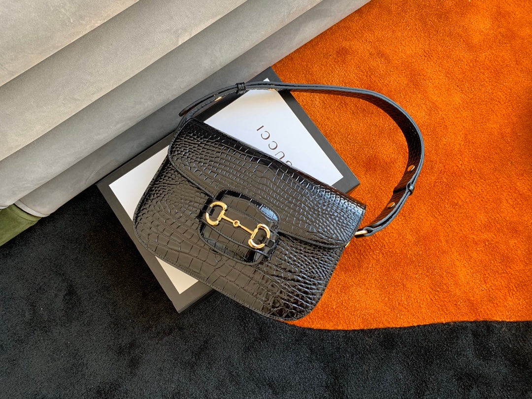 GUCCI 1955 Horsebit Bag 25cm Black Crocodile Leather Gold Hardware