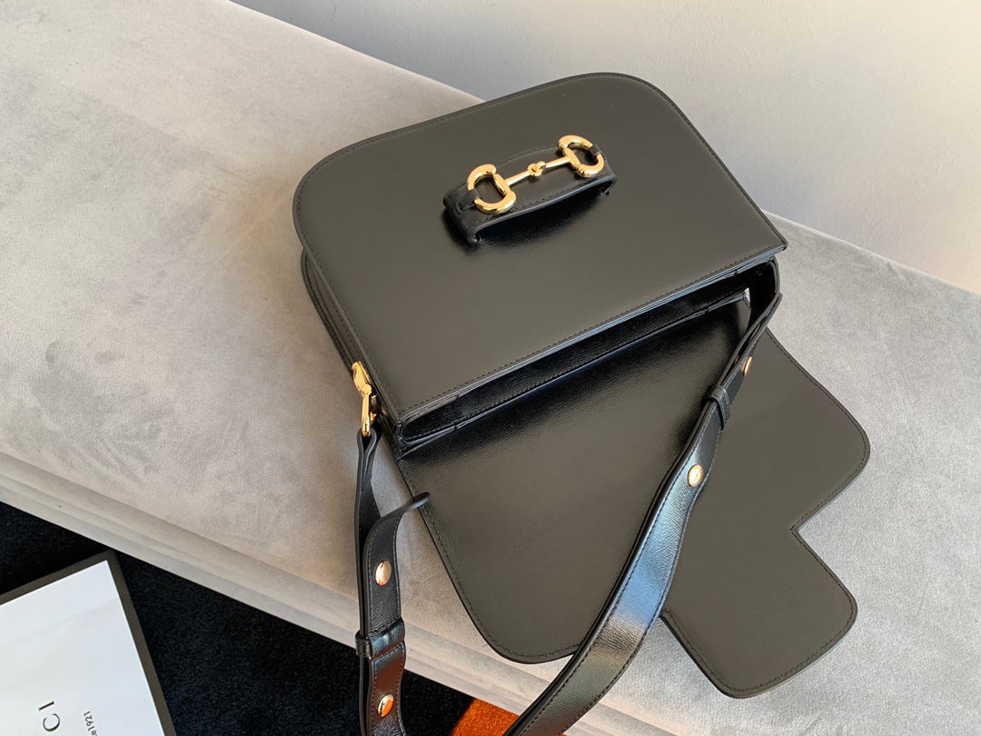 GUCCI 1955 Horsebit Bag 25cm Black Calfskin Gold Hardware
