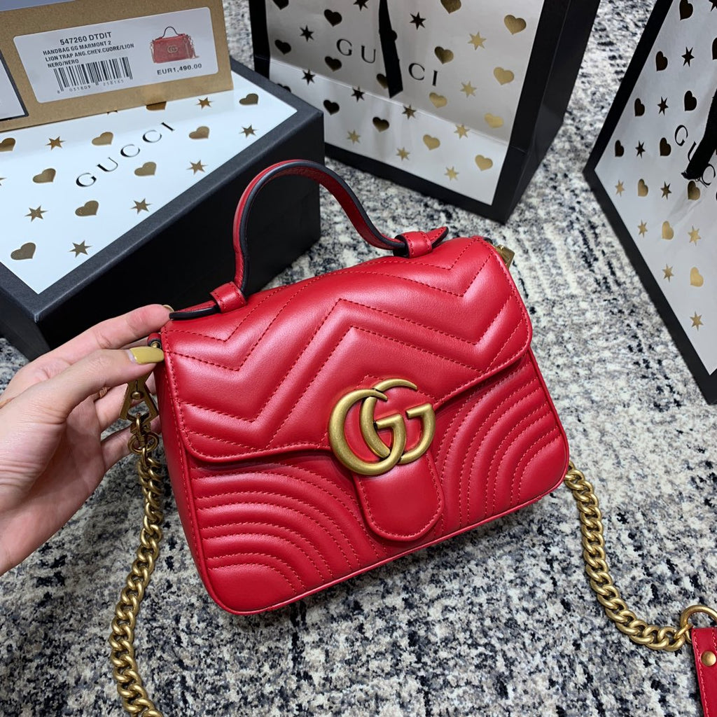 GUCCI Marmont 21cm Mini Top Red Calfskin Gold Hardware
