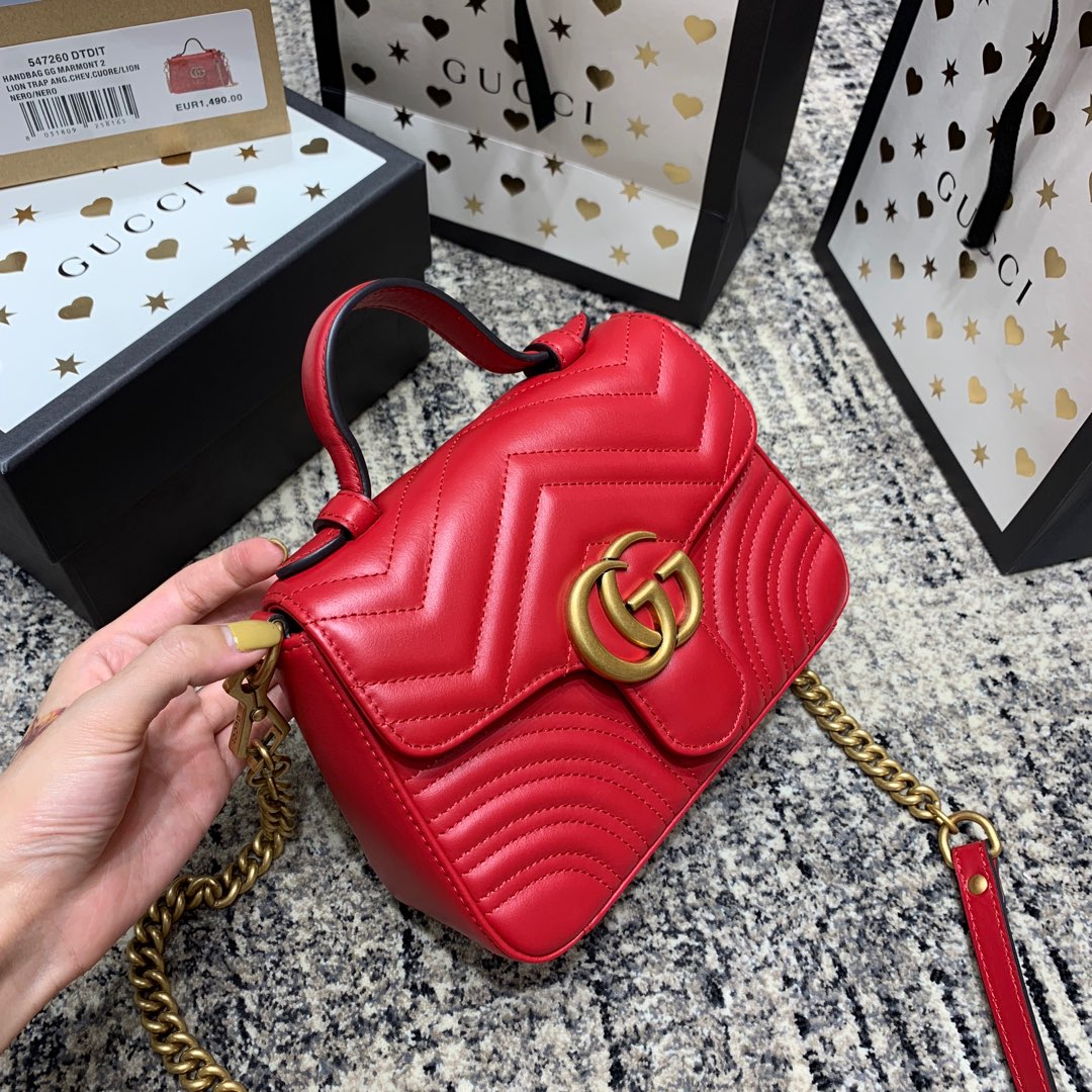 GUCCI Marmont 21cm Mini Top Red Calfskin Gold Hardware