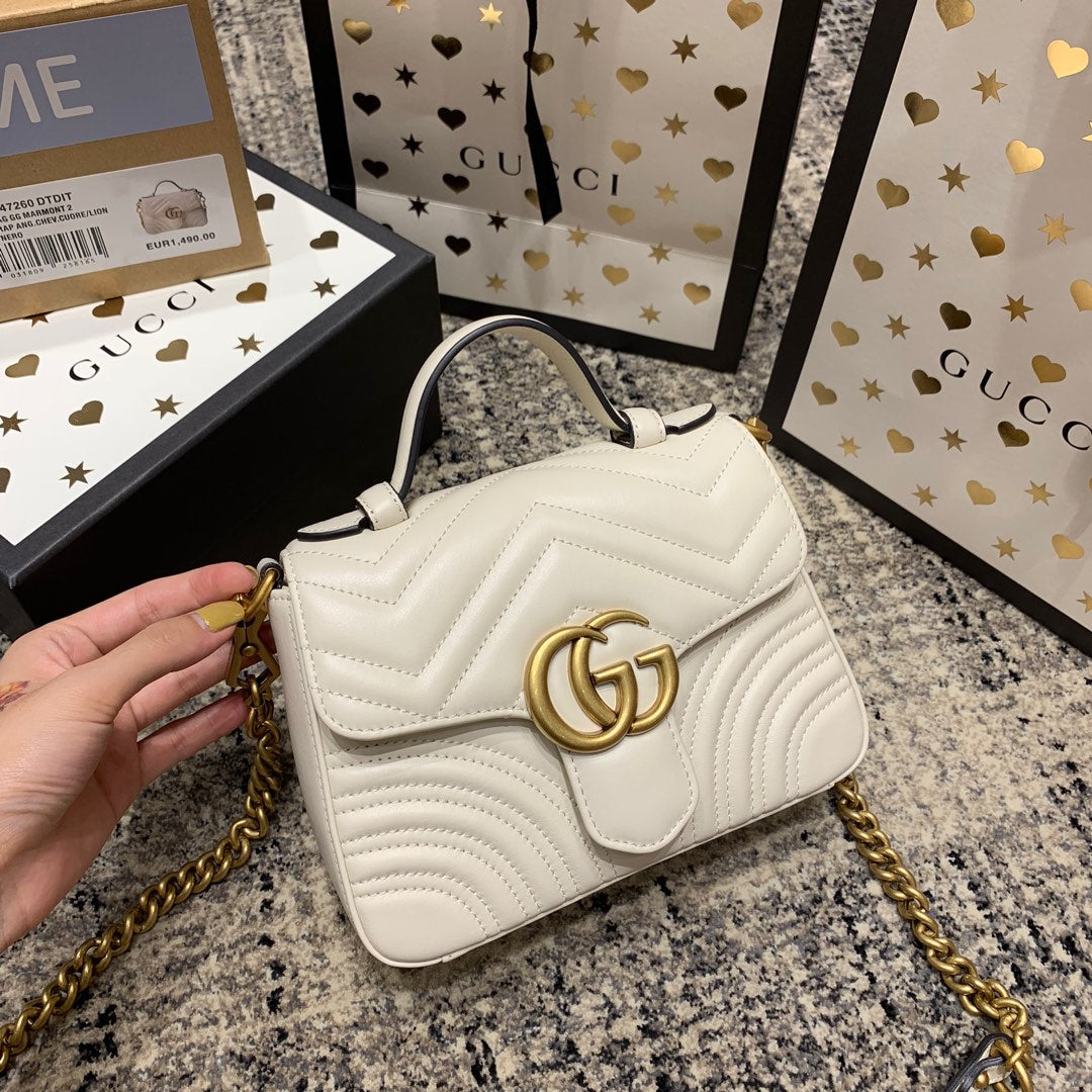 GUCCI Marmont 21cm Mini Top White Calfskin Gold Hardware
