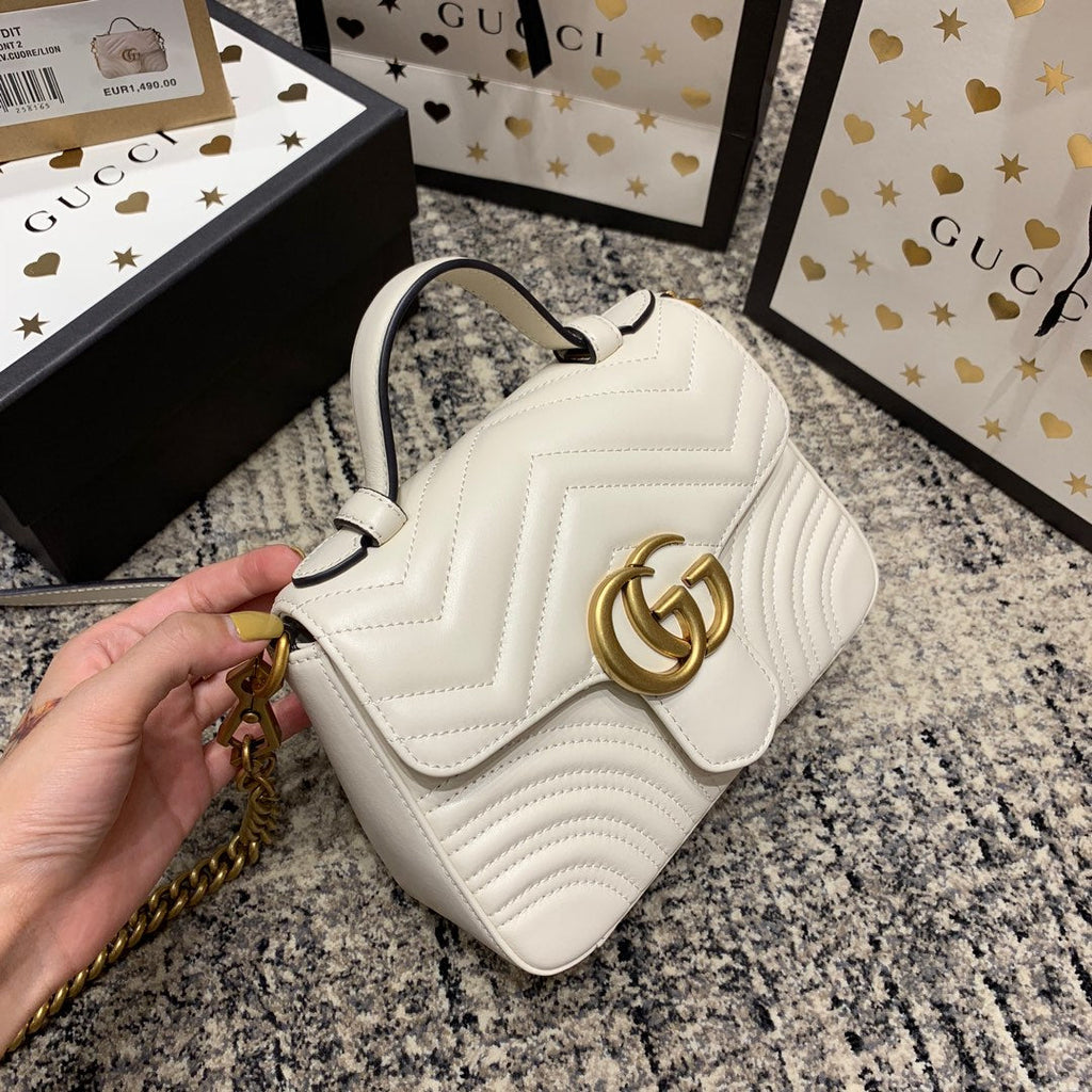GUCCI Marmont 21cm Mini Top White Calfskin Gold Hardware