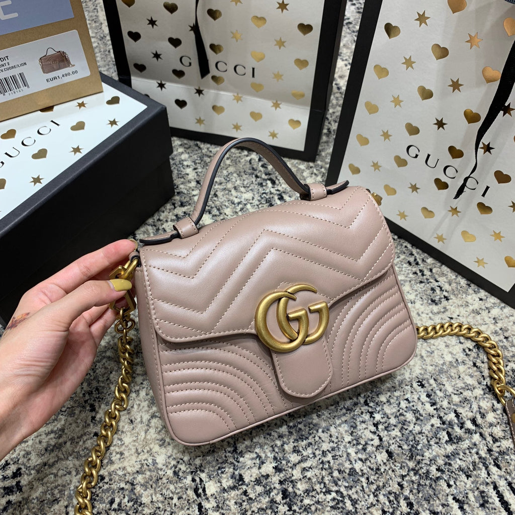 GUCCI Marmont 21cm Mini Top Dark Beige Calfskin Gold Hardware
