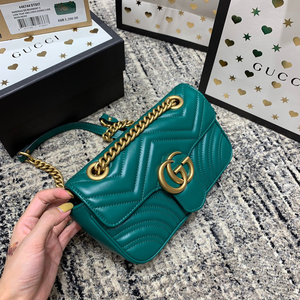 GUCCI Marmont 22cm Turquoise Calfskin Gold Hardware