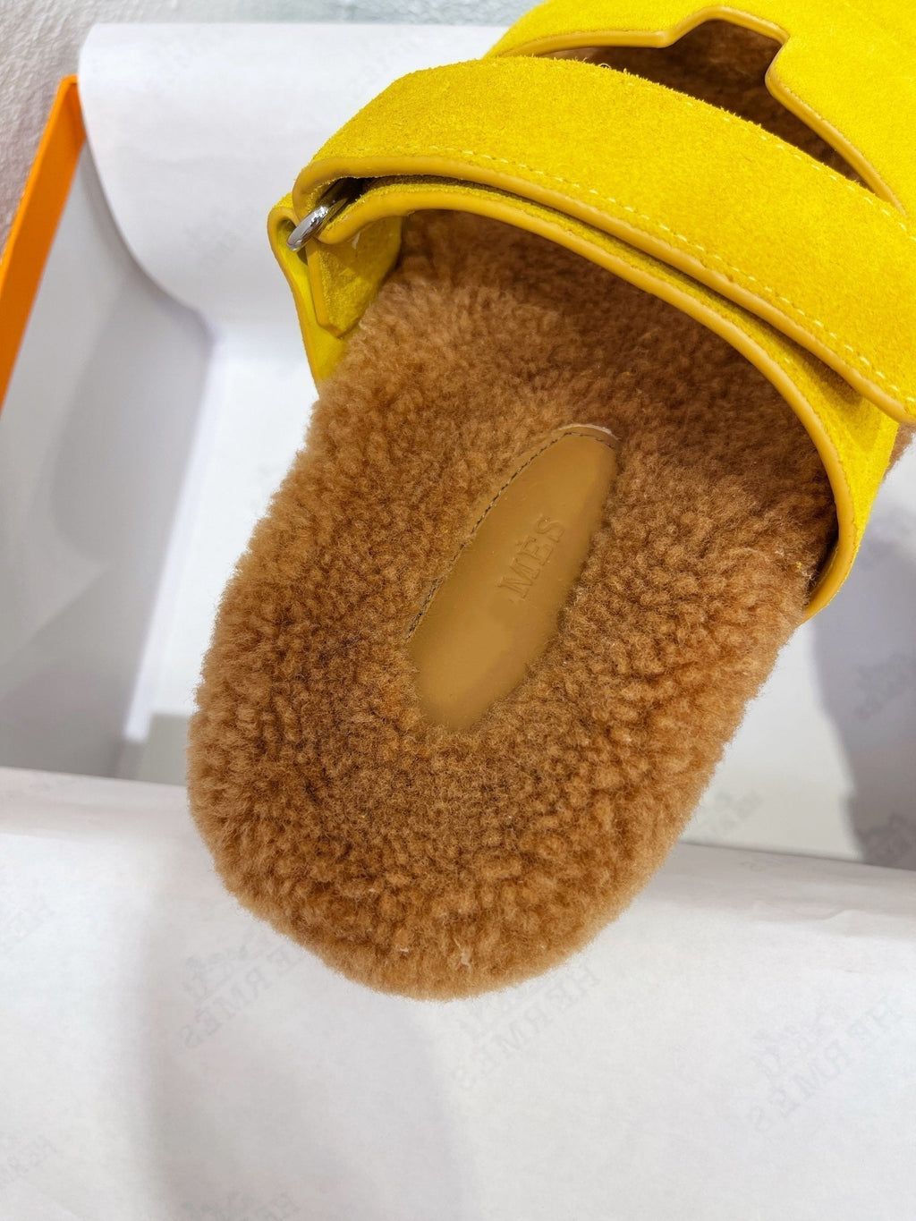 HERMES Chypre Sandal Gold shearling insole Yellow Velvet leather lining