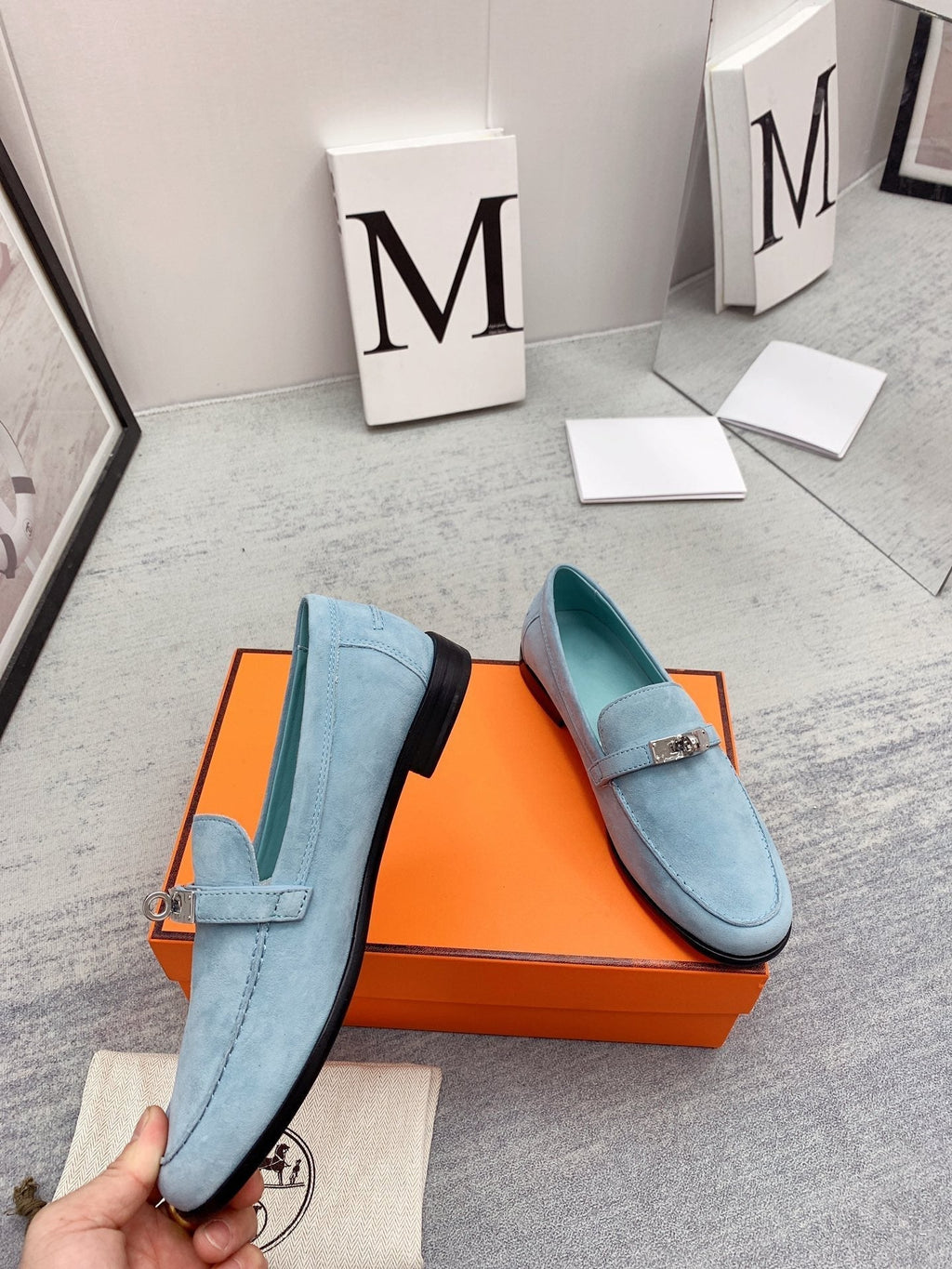 HERMES Destin Loafer Suede Light Blue
