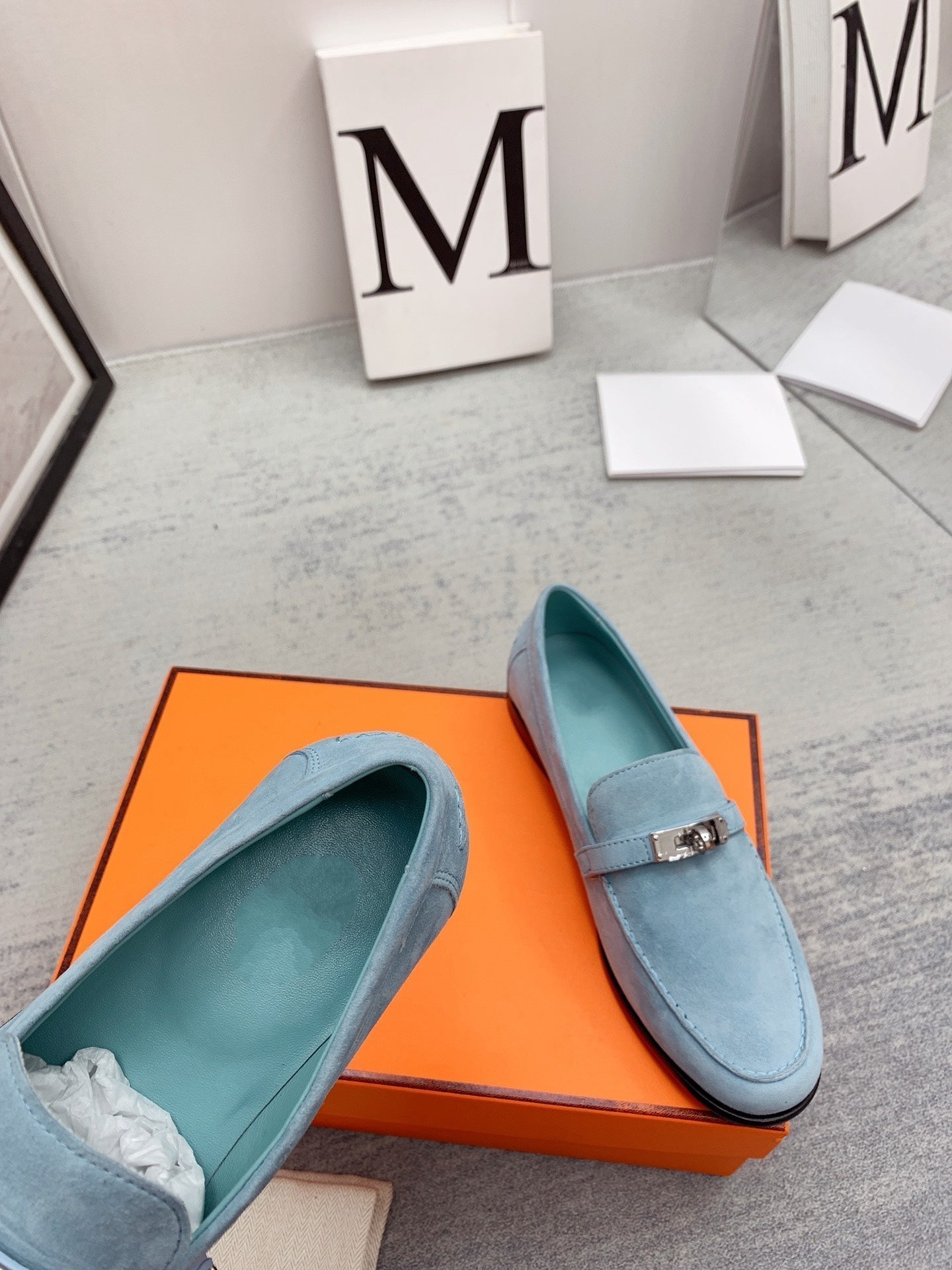 HERMES Destin Loafer Suede Light Blue