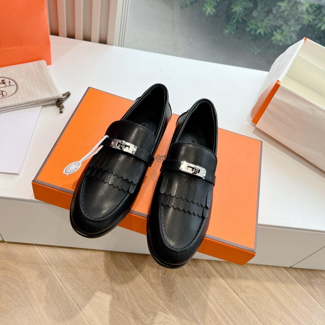 HERMES Destin Loafer Black Goatskin with Fringe Detail