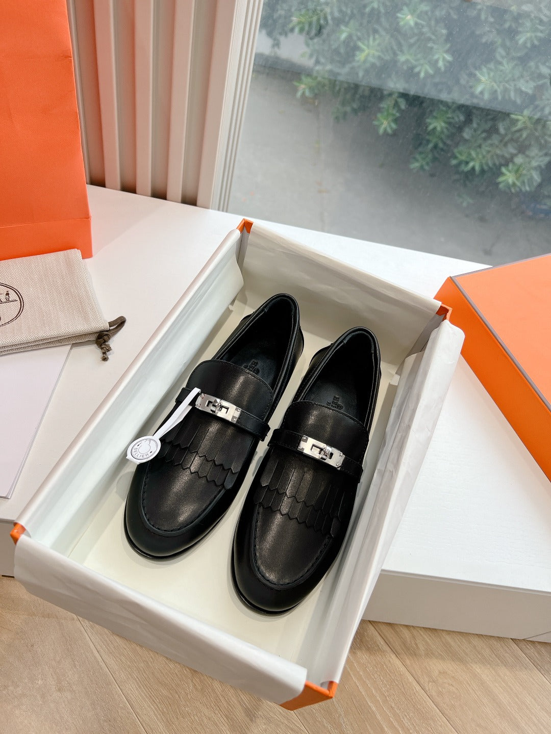 HERMES Destin Loafer Black Goatskin with Fringe Detail