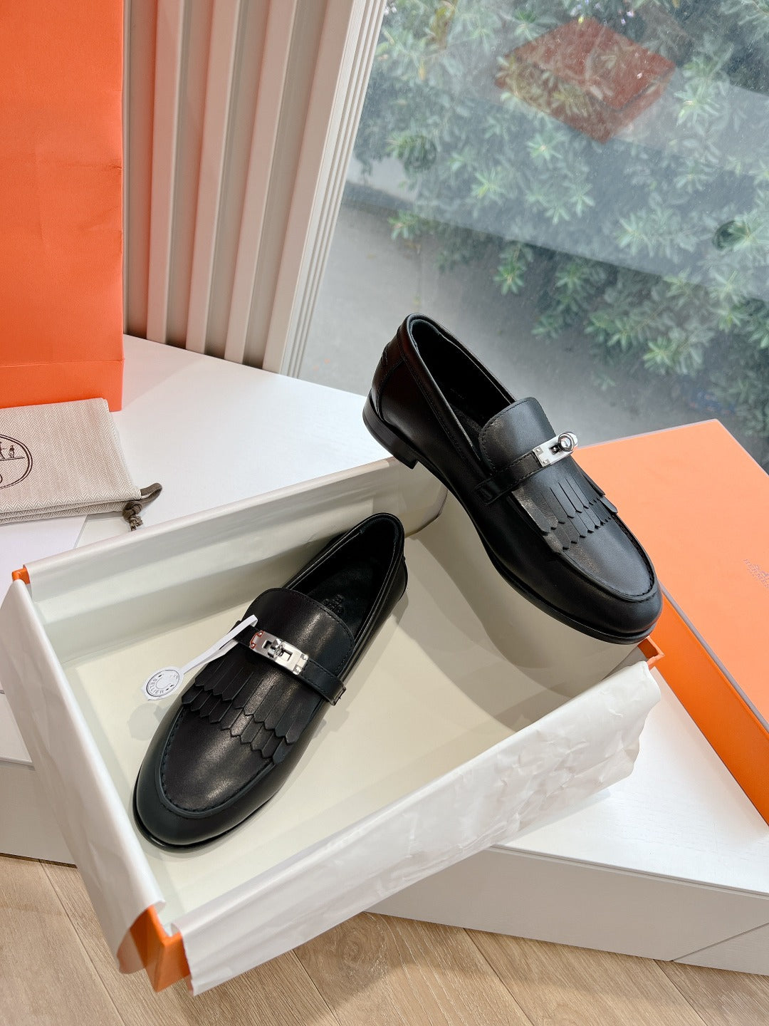 HERMES Destin Loafer Black Goatskin with Fringe Detail