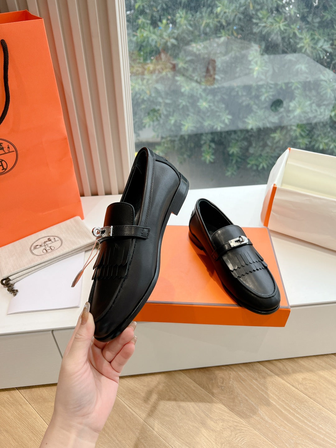 HERMES Destin Loafer Black Goatskin with Fringe Detail