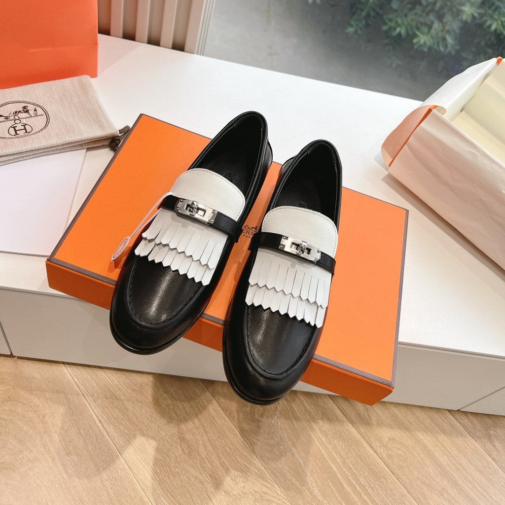 HERMES Destin Loafer Black Goatskin with White Fringe Detail