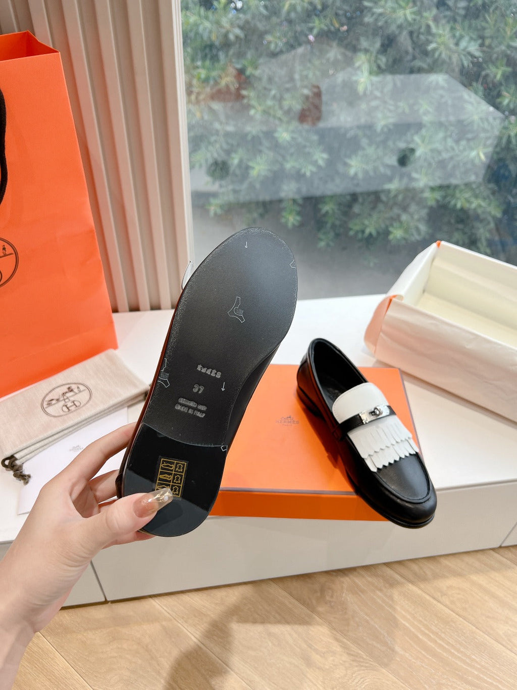HERMES Destin Loafer Black Goatskin with White Fringe Detail