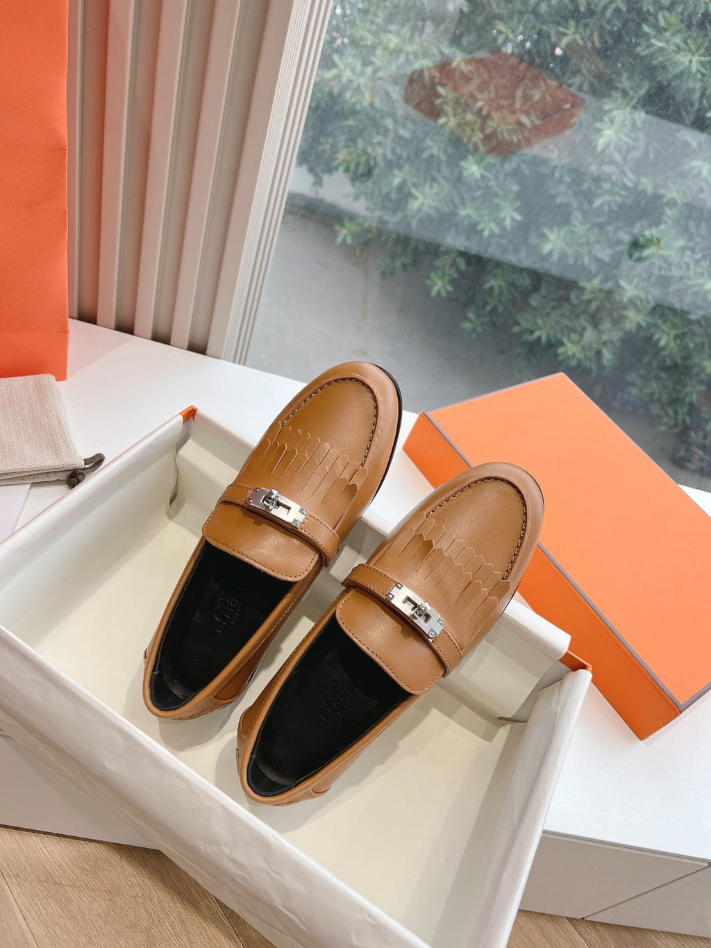 HERMES Destin Loafer Brown Goatskin with Fringe Detail