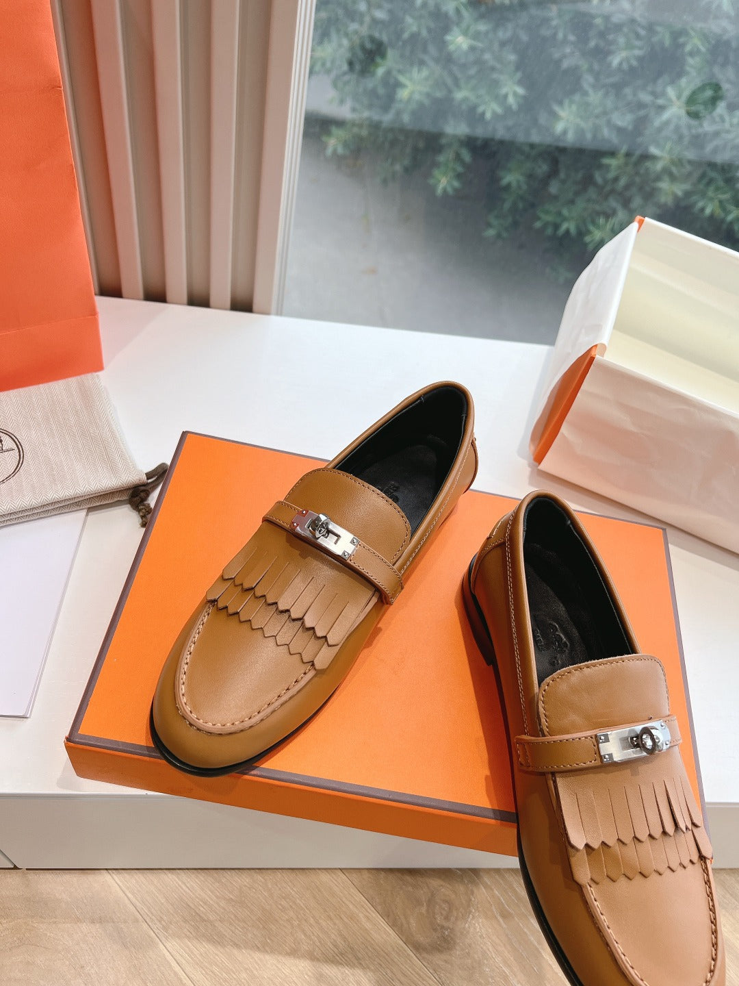 HERMES Destin Loafer Brown Goatskin with Fringe Detail