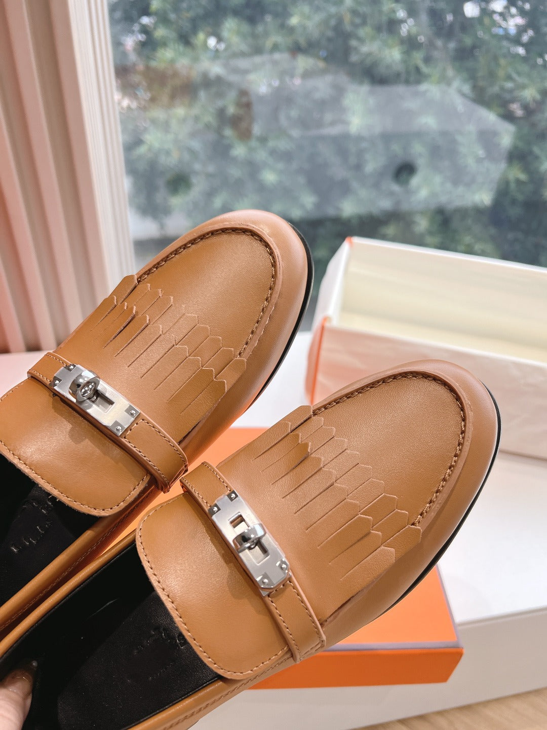 HERMES Destin Loafer Brown Goatskin with Fringe Detail