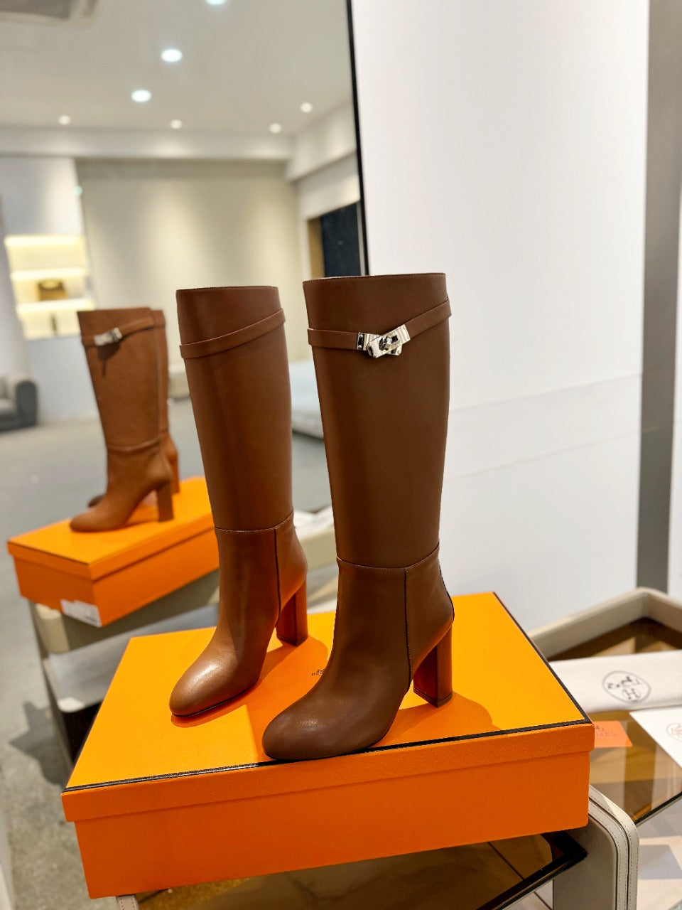 HERMES STORY BOOT 85MM IN BRONZE BROWN CALFSKIN