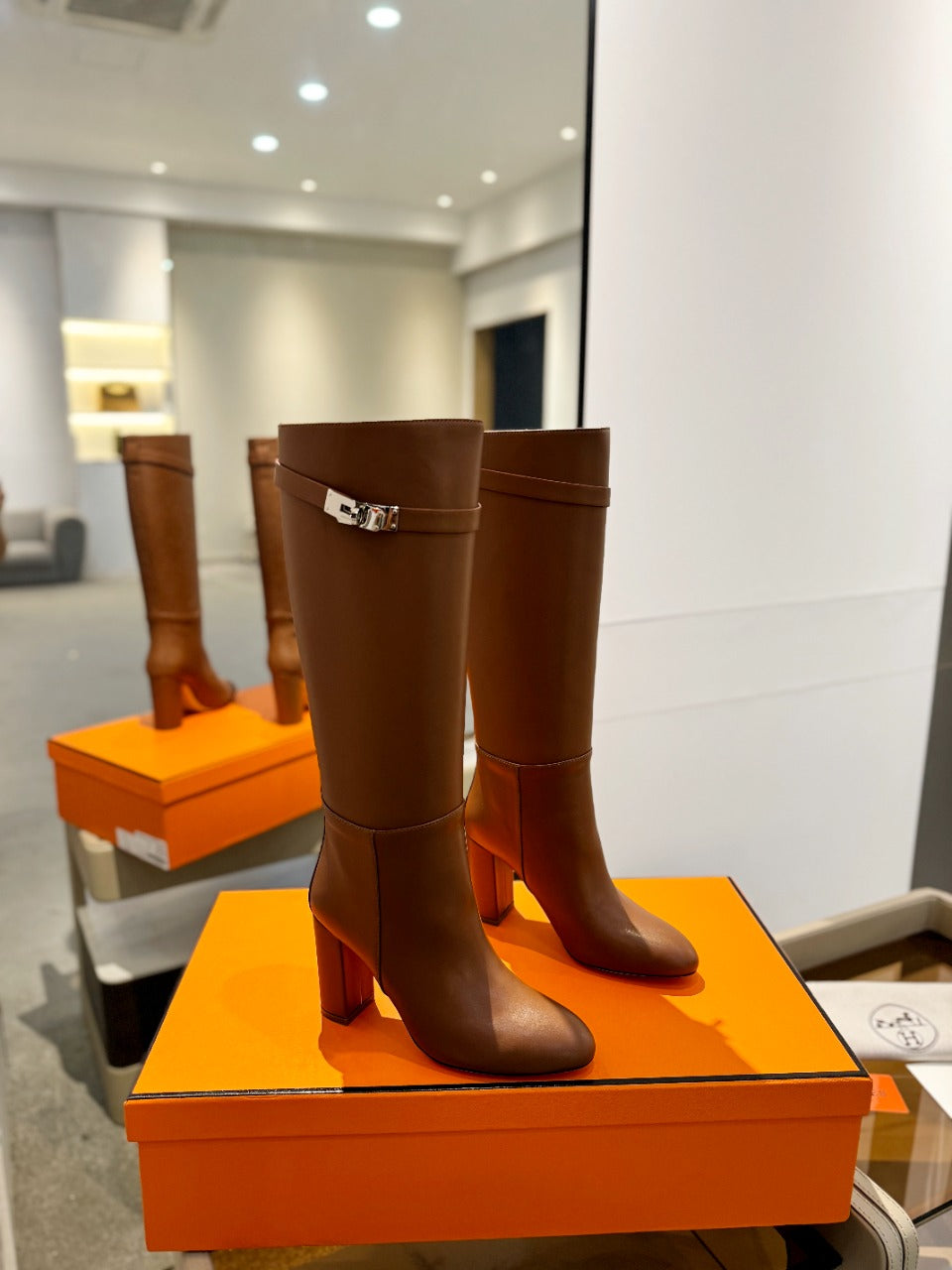 HERMES STORY BOOT 85MM IN BRONZE BROWN CALFSKIN