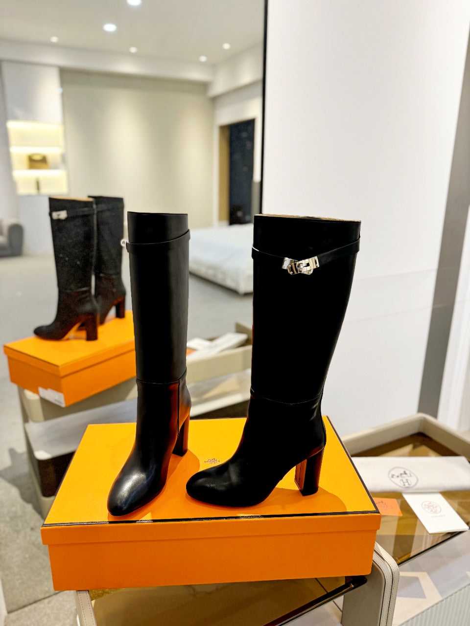 HERMES STORY BOOT 85MM IN BLACK CALFSKIN