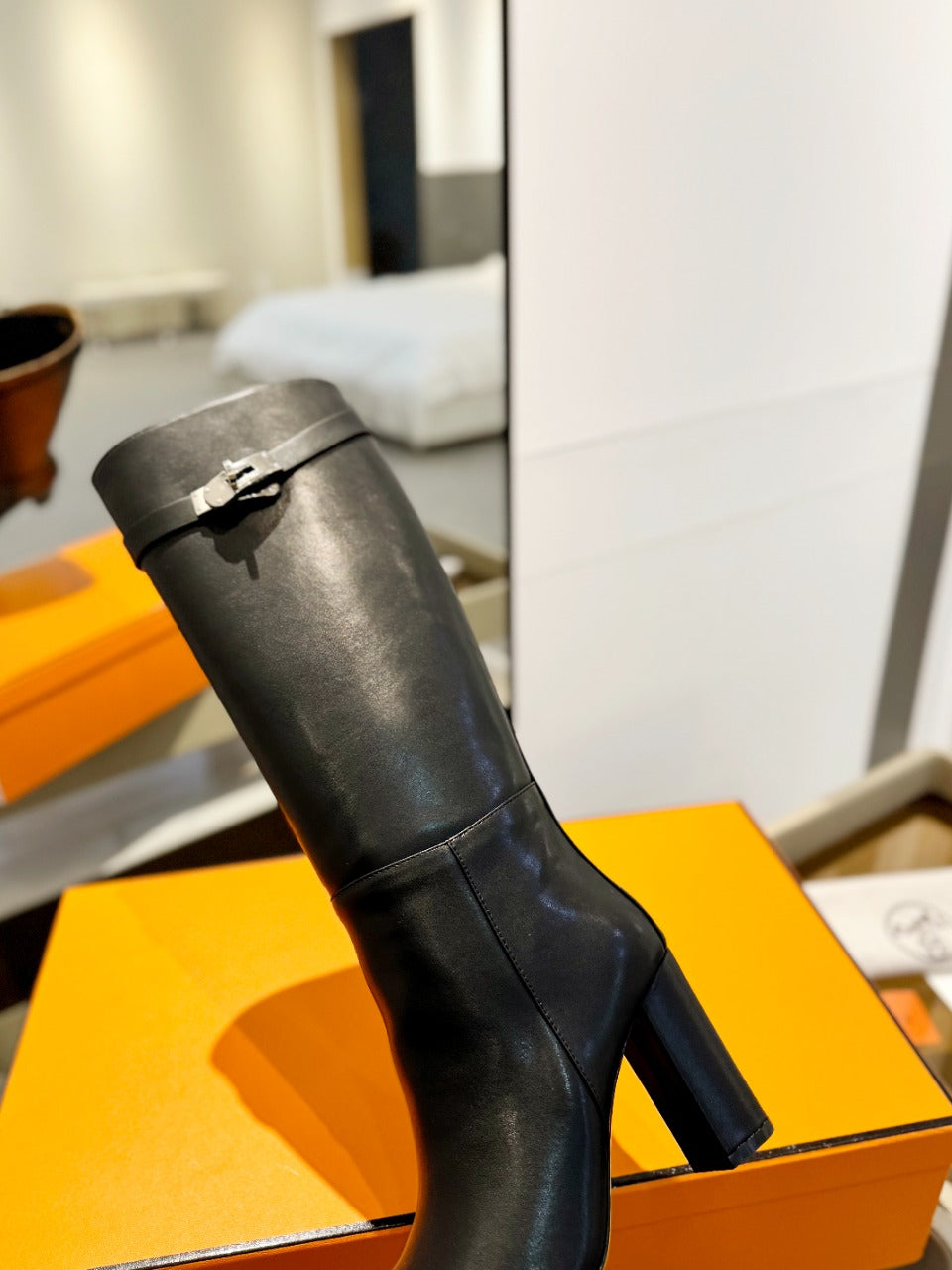 HERMES STORY BOOT 85MM IN BLACK CALFSKIN