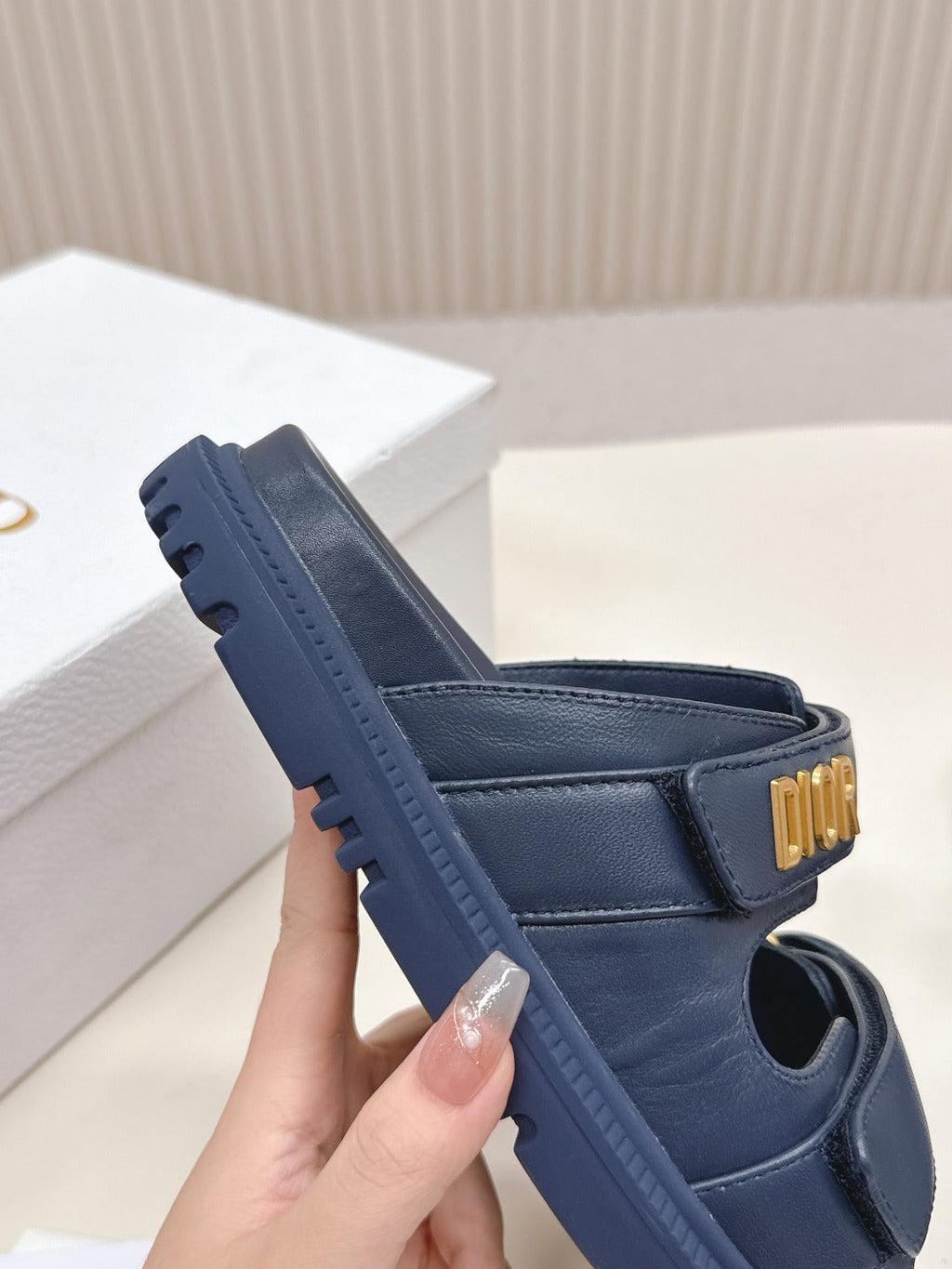 DIOR CLASSIC DOUBLE-STRAP SLIDES 25S IN MIDNIGHT BLUE CALFSKIN