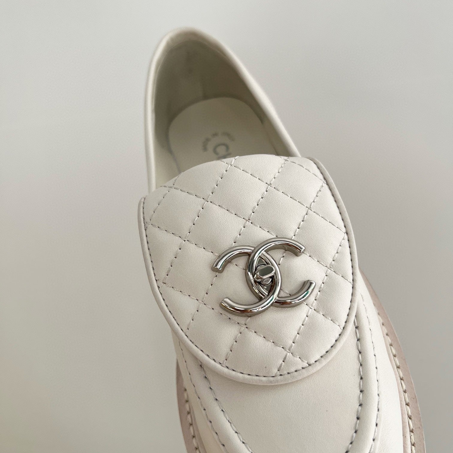 CHANEL Moasins White Quilted Calfskin Silver
