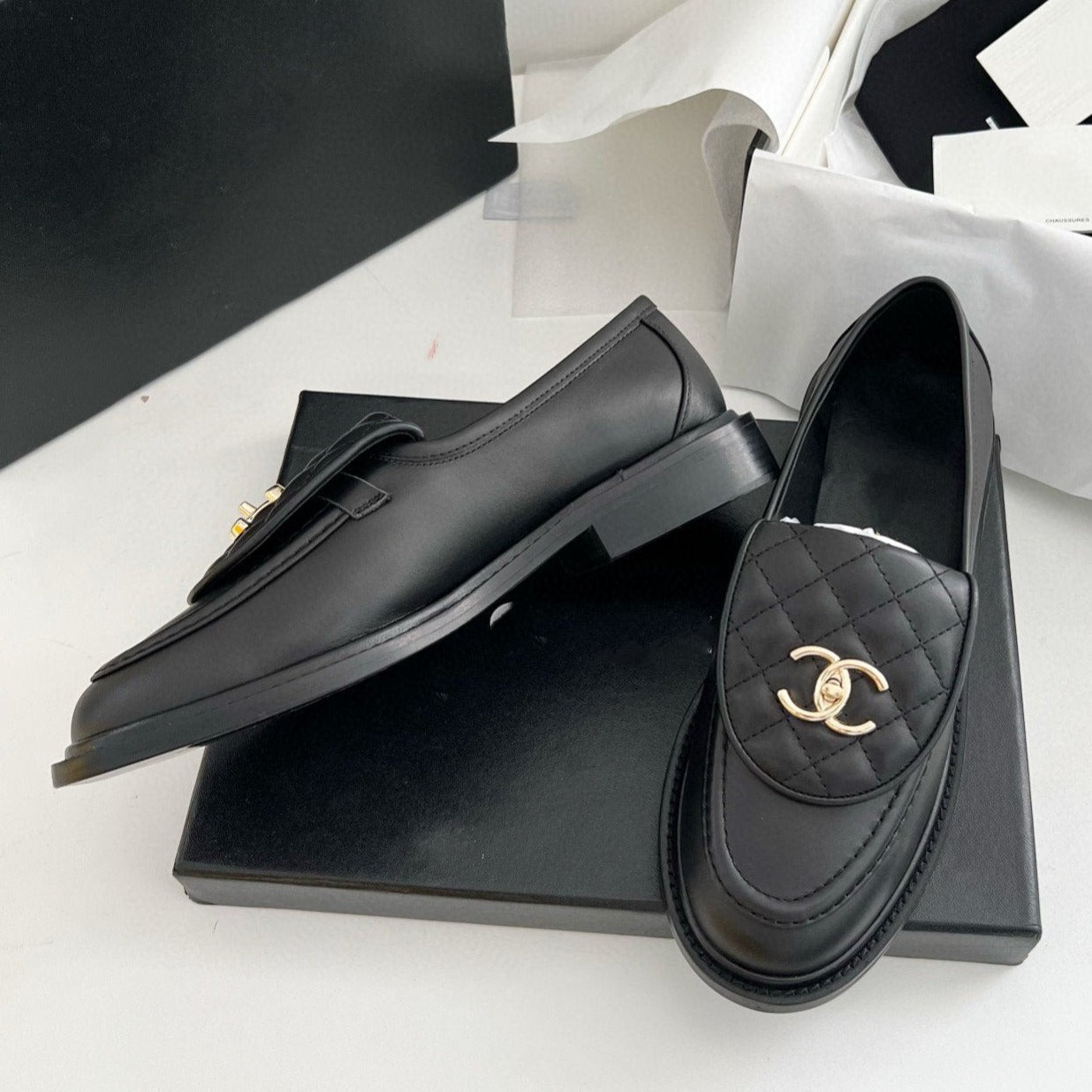 CHANEL Moasins Black Quilted Calfskin Gold