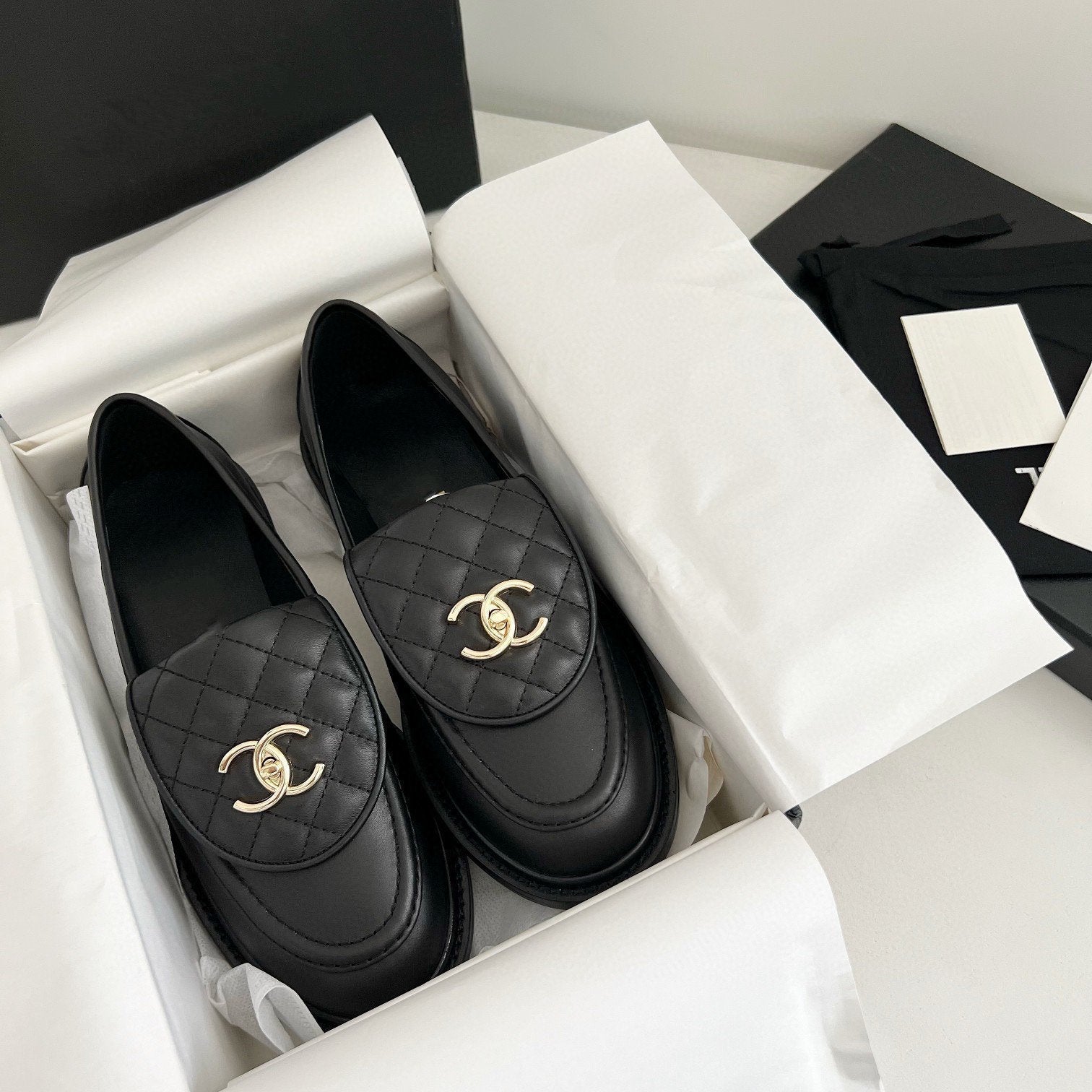 CHANEL Moasins Black Quilted Calfskin Gold